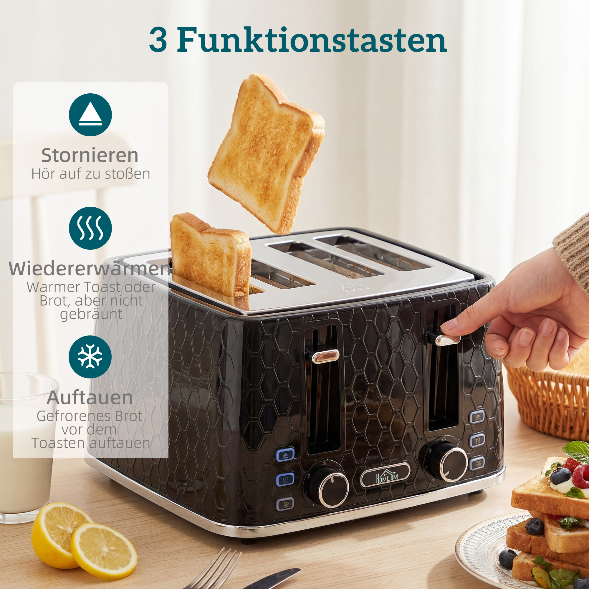 1,7L 2200W Schnellkoch-Wasserkocher und 4-Scheiben-Toaster-Set mit Kalkfilter, Schwarz