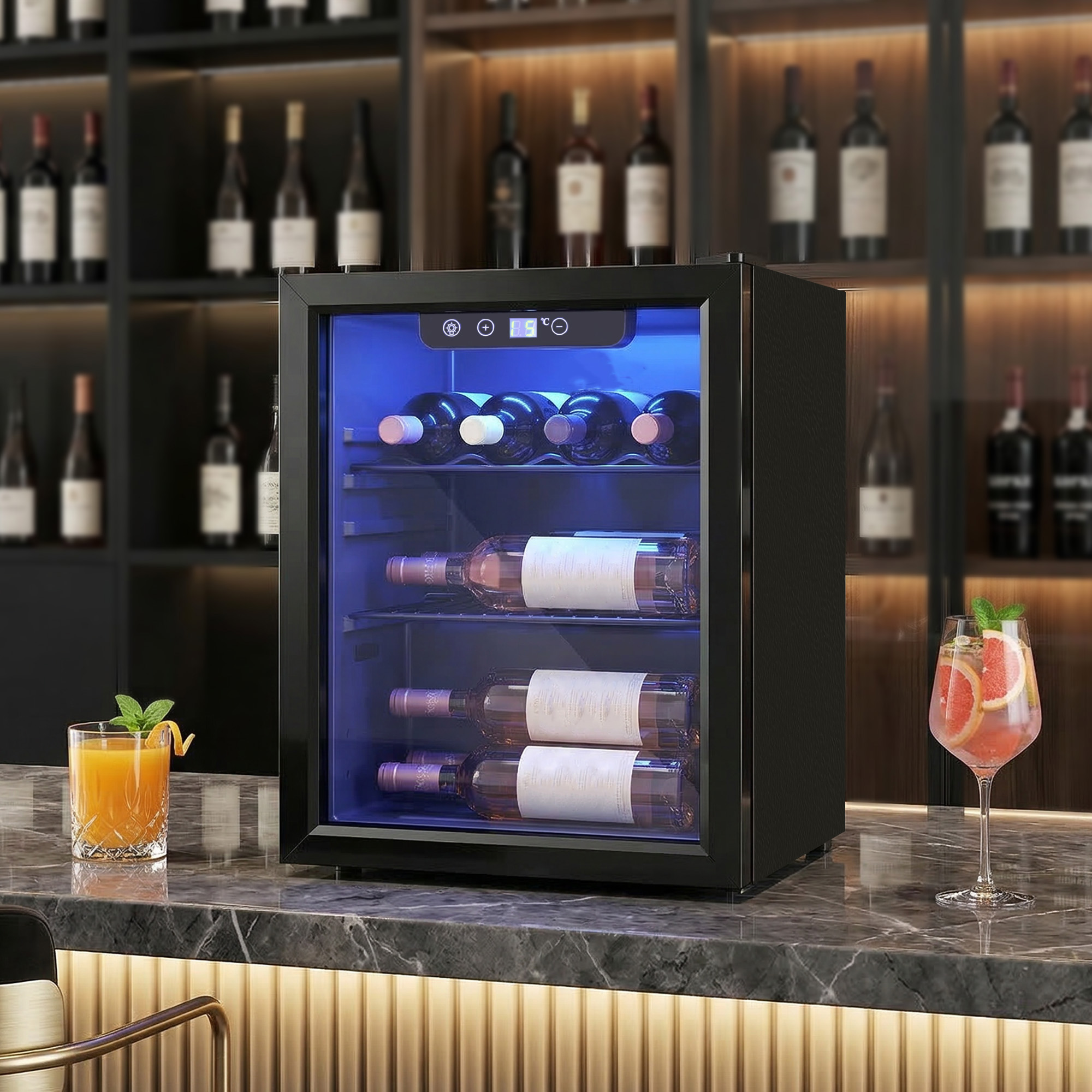 Weinkühler für 16 Flaschen, 48 L Kapazität, 4–16°C, Unterbau Kühlschrank für Getränke und Bier, mit Glastür, LED-Licht