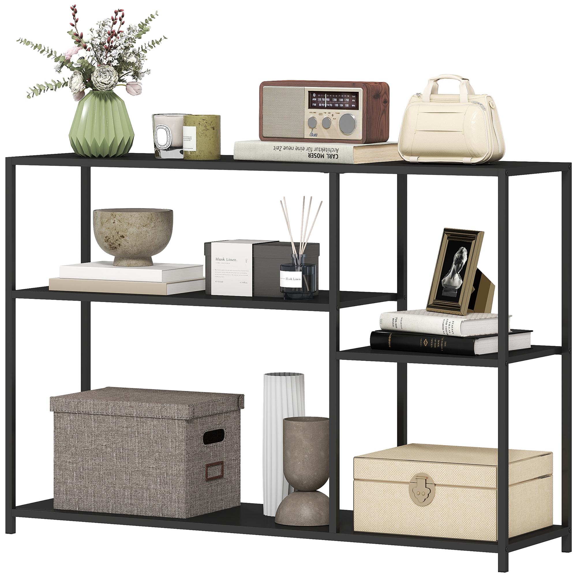 Konsolentisch, 4 Ebenen, Stahlrahmen, für Flur, Wohnzimmer, Schwarz