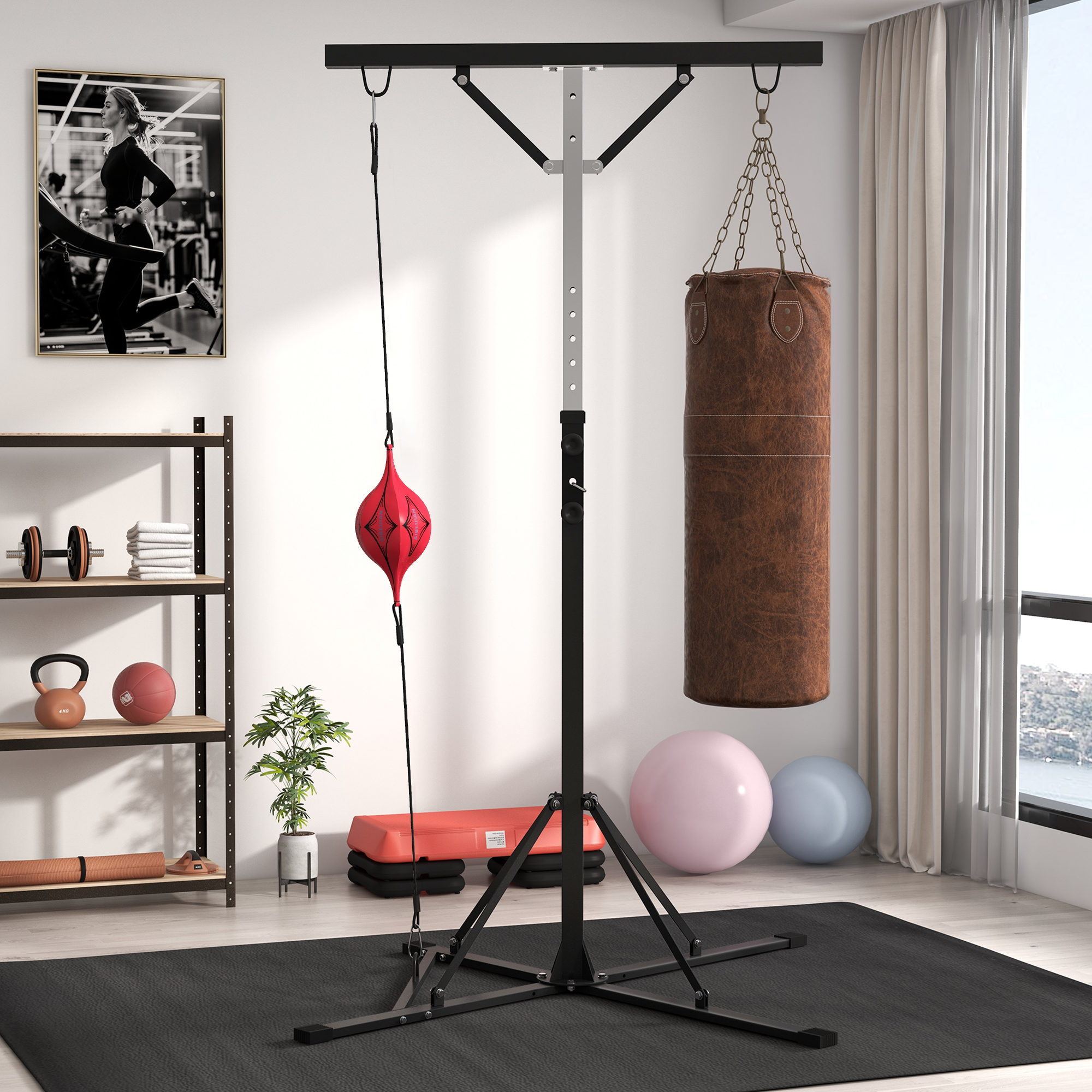 Boxsackständer, höhenverstellbar, mit Speedball, Metallrahmen, 160L x 145B x 175-220H cm, Schwarz