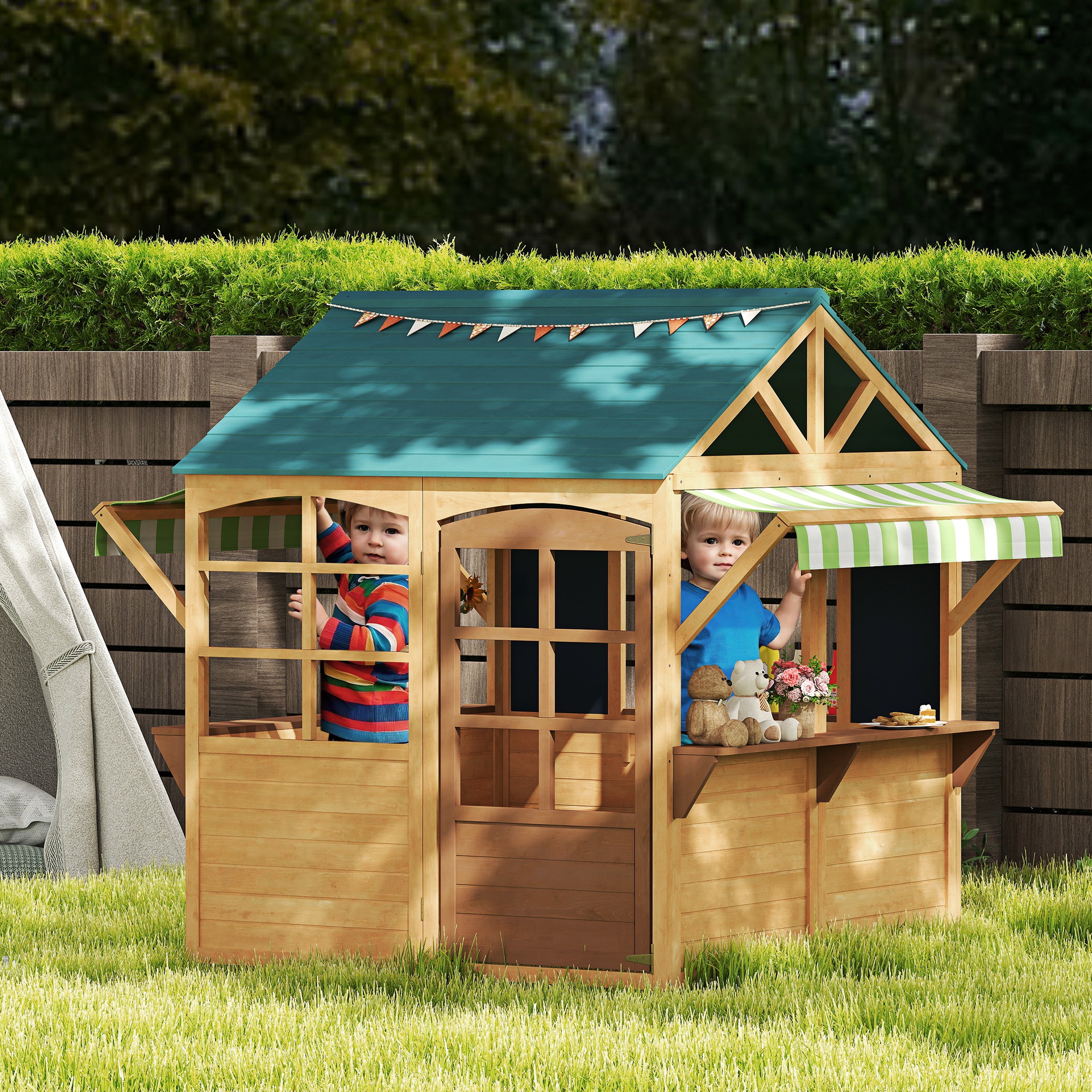 Kinderspielhaus aus Tannenholz, Faltbares Häuschen mit Fenstern, Tür, für Kinder im Alter von 3-8 Jahren, Braun+Blau