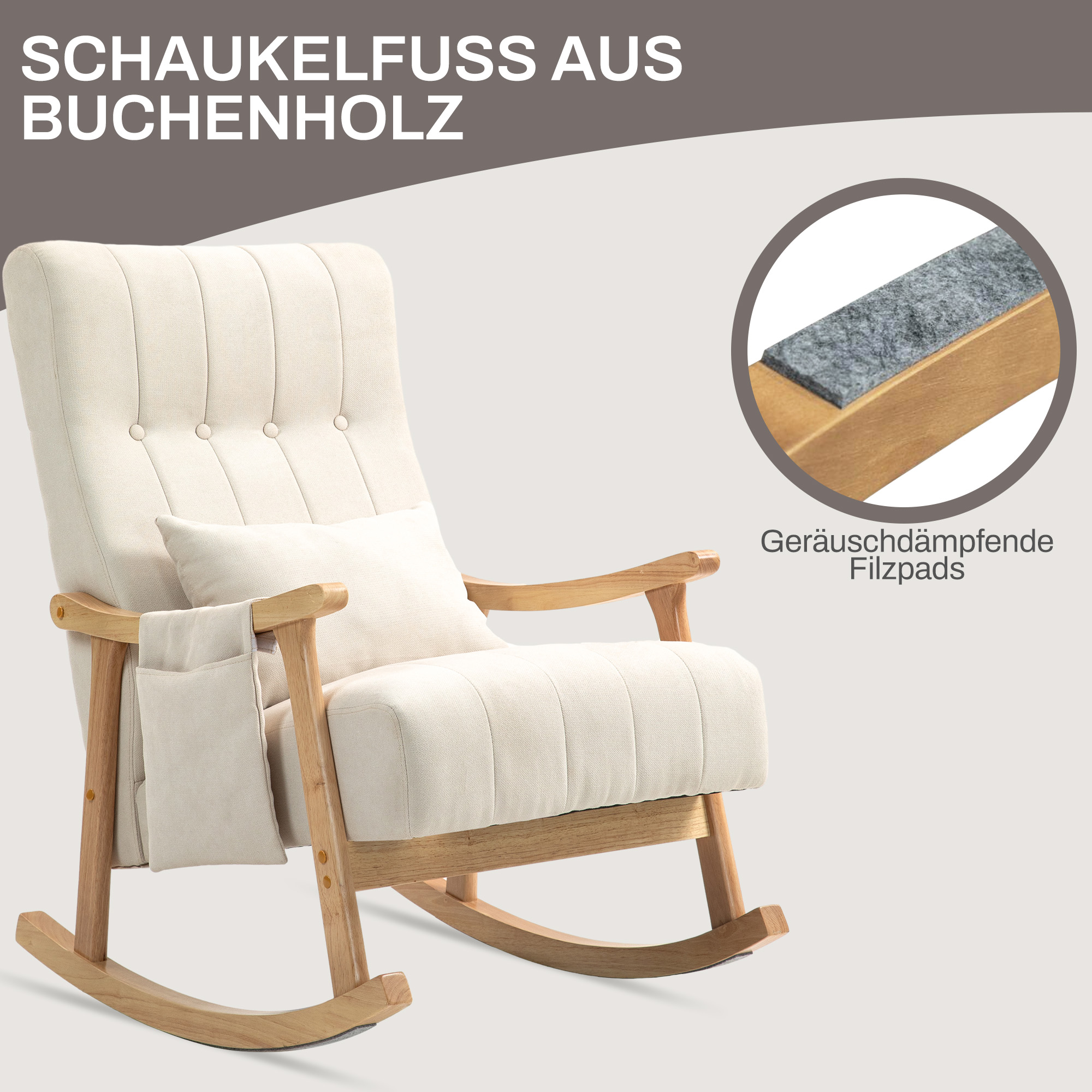 Schaukelstuhl mit Nierenkissen, breiter Sitz, Kautschukholzrahmen, bis 120 kg, Beige