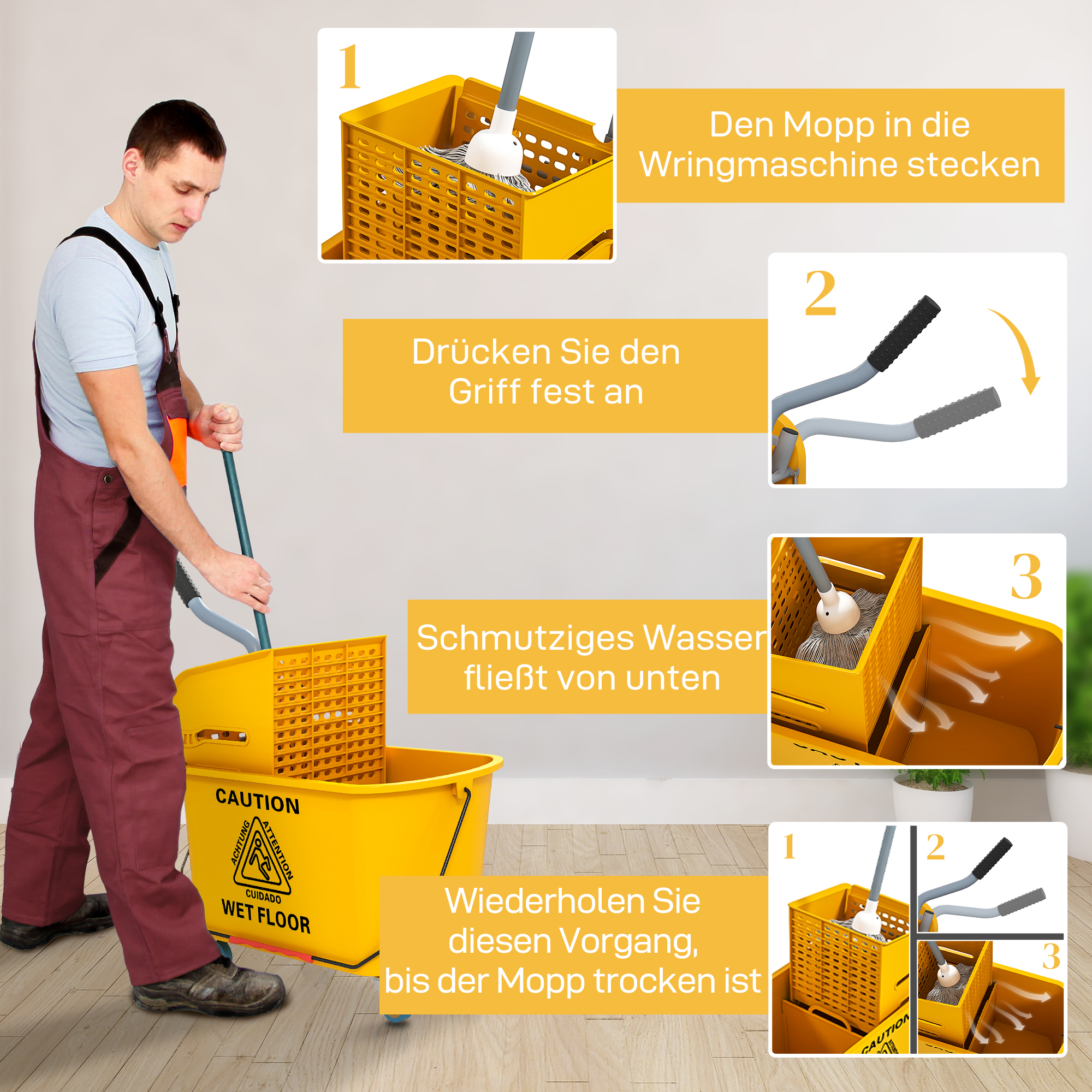Reinigungswagen 20L Putzwagen mit Presse und Kehrgarnitur, Eimer inkl. Mopp, Rolle