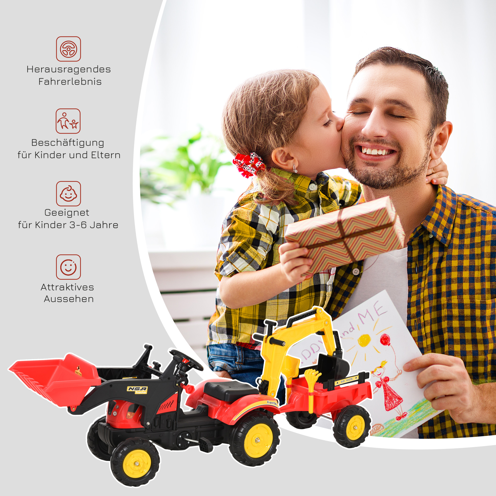 Trettraktor mit Anhänger, Frontlader, verstellbarer Schaufel, Traktor Tretfahrzeug für Kinder ab 3 Jahren Rot