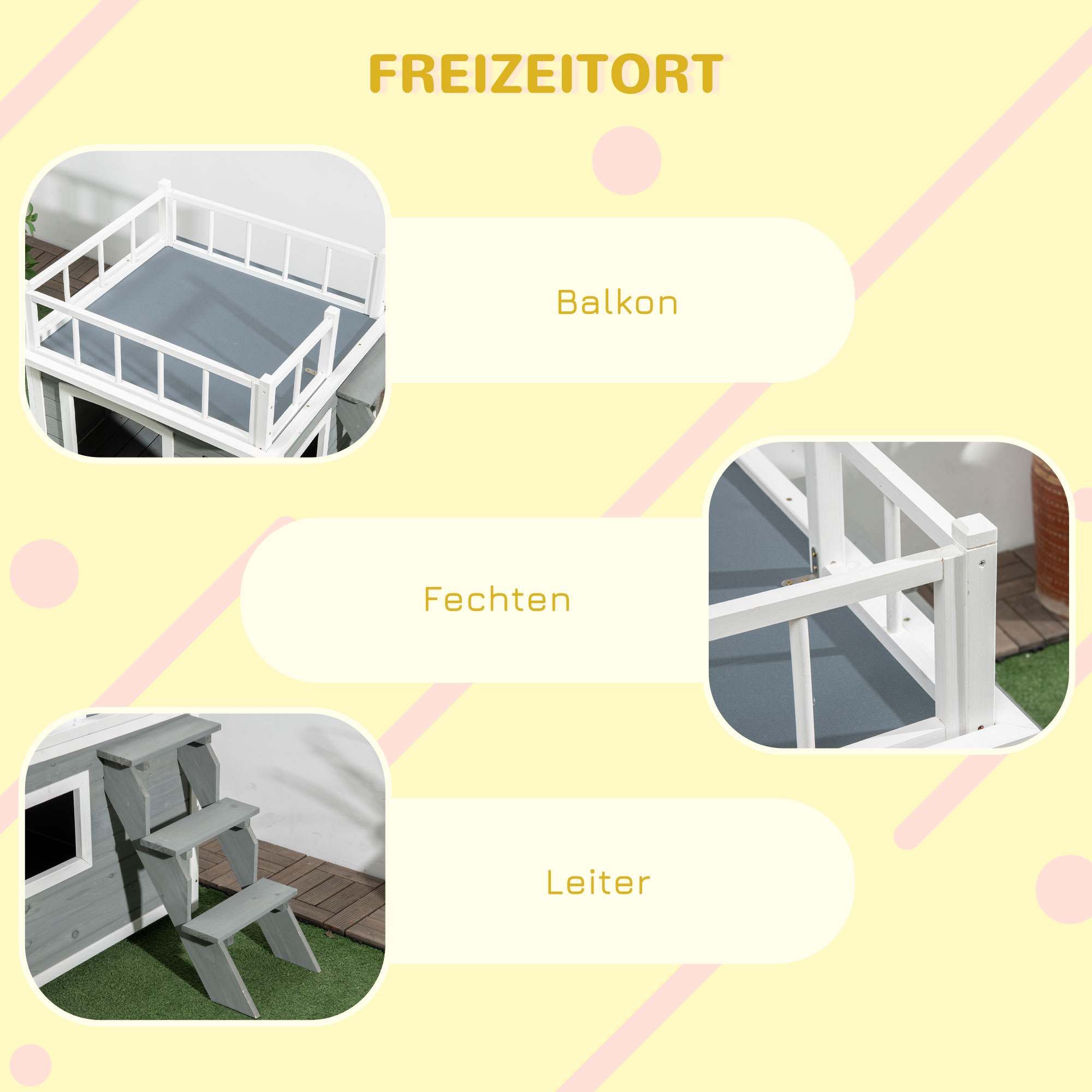 Hundehütte, Dachterrasse, Treppe, Fenster, Bodenabstand, Naturholz, hellgrau, 121 x 77 x 78cm