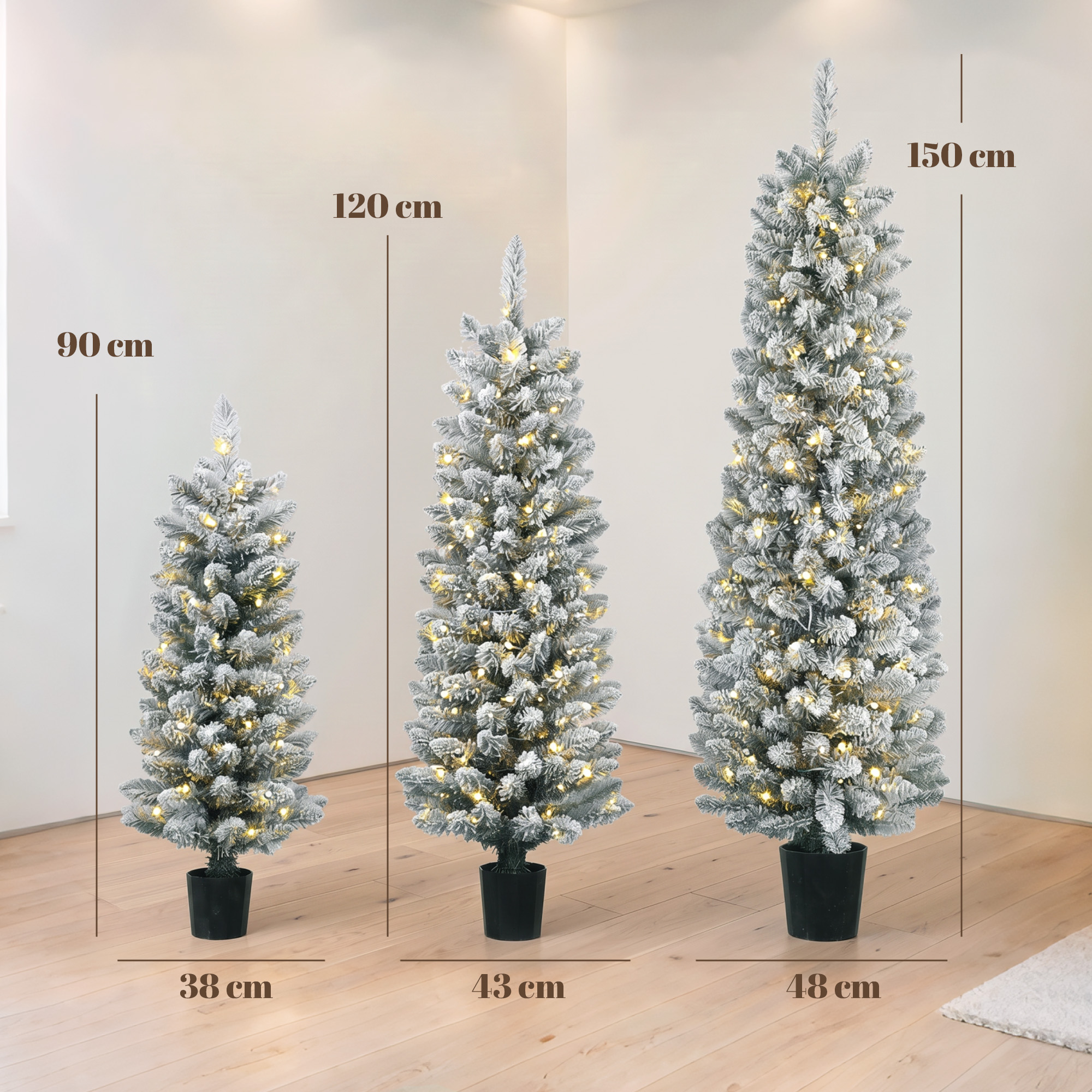 3er-Set schneebeflockte LED-Weihnachtsbäume, schmal, mit PVC-Zweigen, 90/120/150 cm