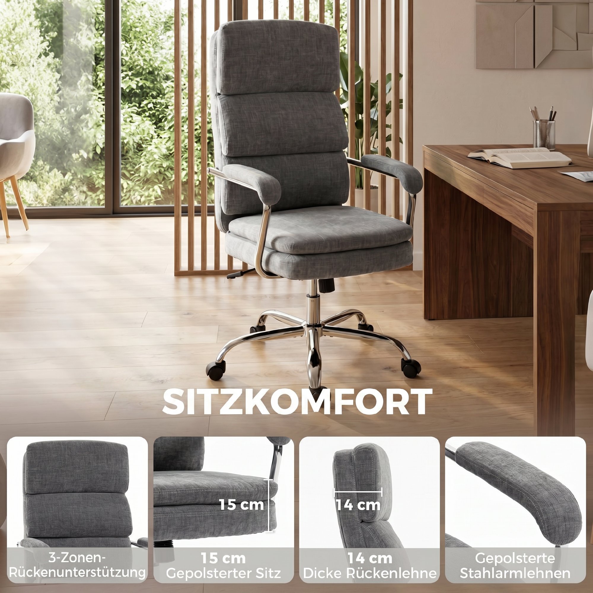 Home Office Bürostuhl, höhenverstellbarer 360° drehbarer Schreibtischstuhl für das Homeoffice, Grau