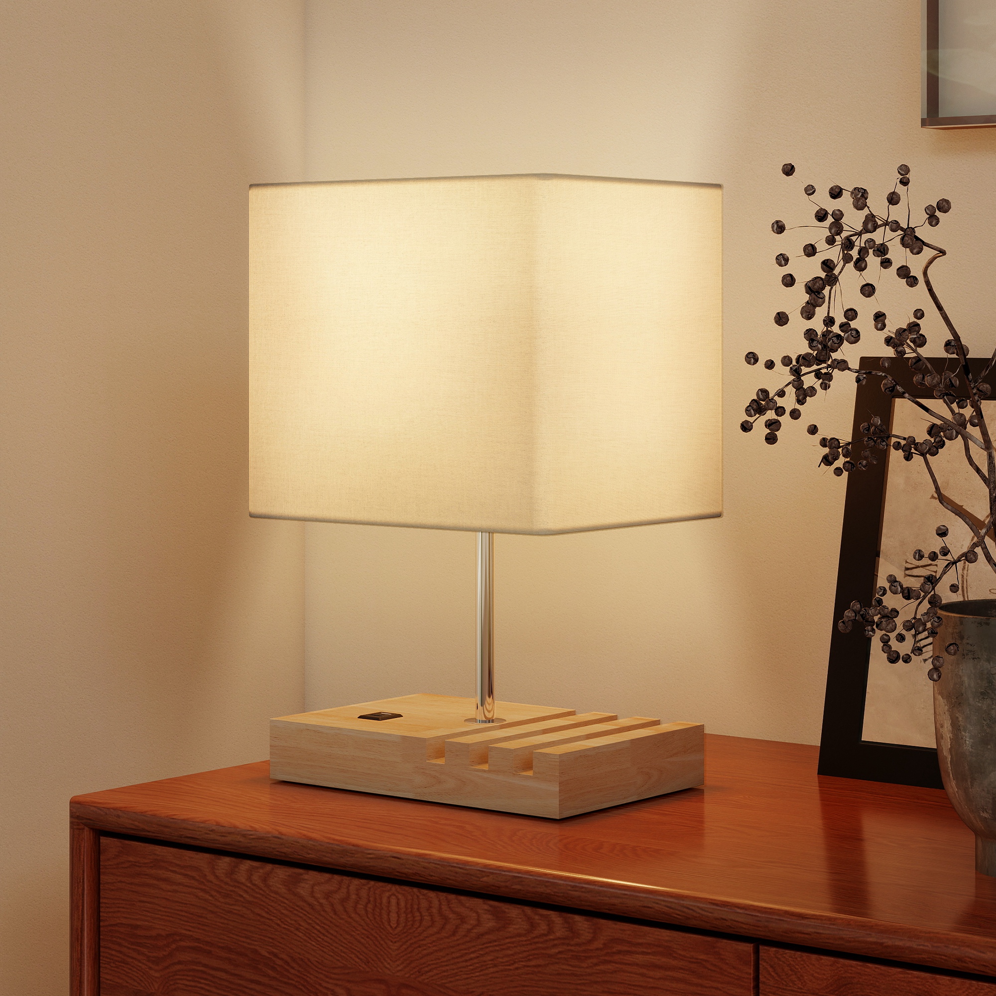 Nachttischlampe, USB-Anschlüsse, Holz, Stoff, Wippschalter, Ablagefächer, Weiß