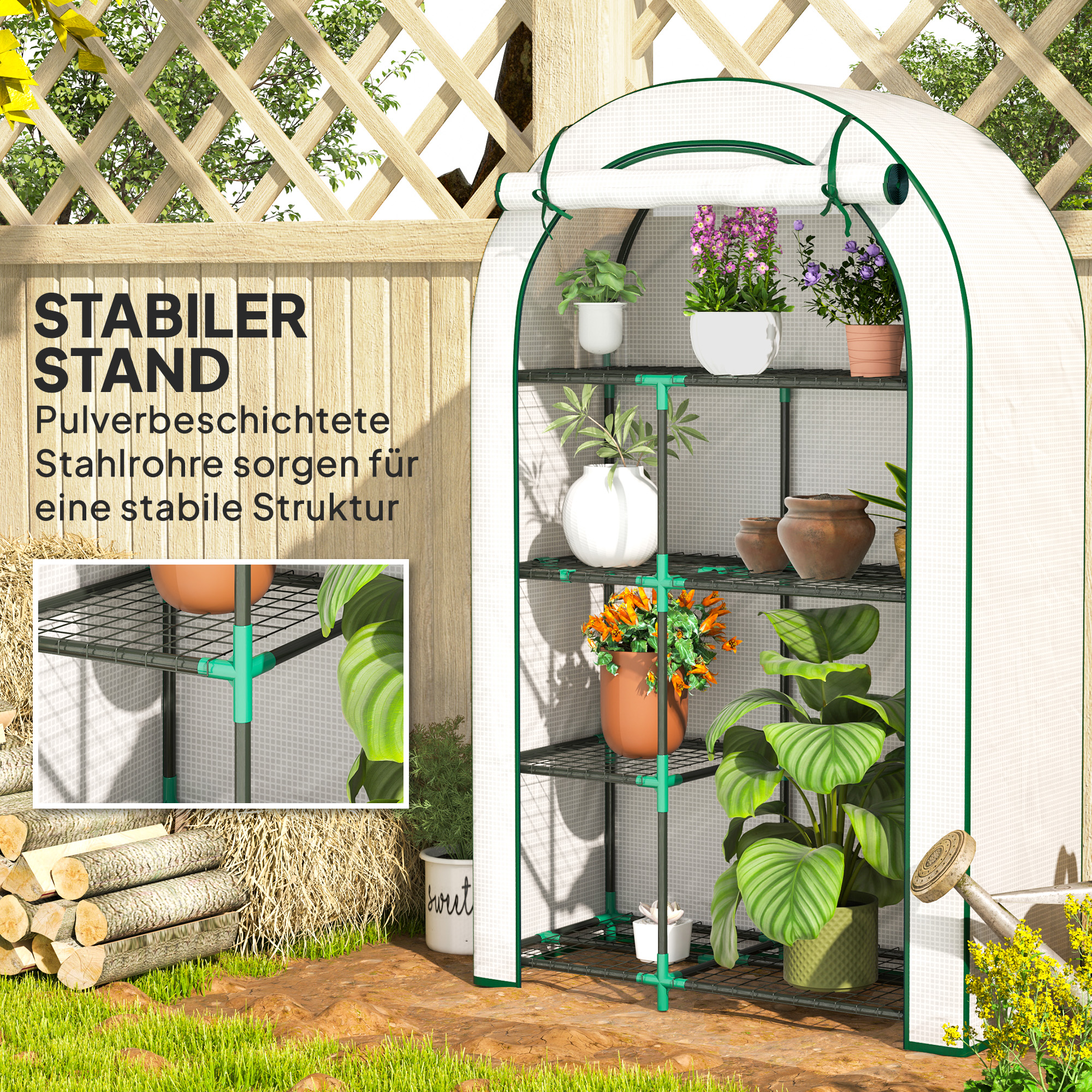 Mini-Gewächshaus, 4-stufiges Gewächshaus mit Kunststoff-Plane, tragbar, Rolltür, 100 x 45 x 160 cm, Weiß