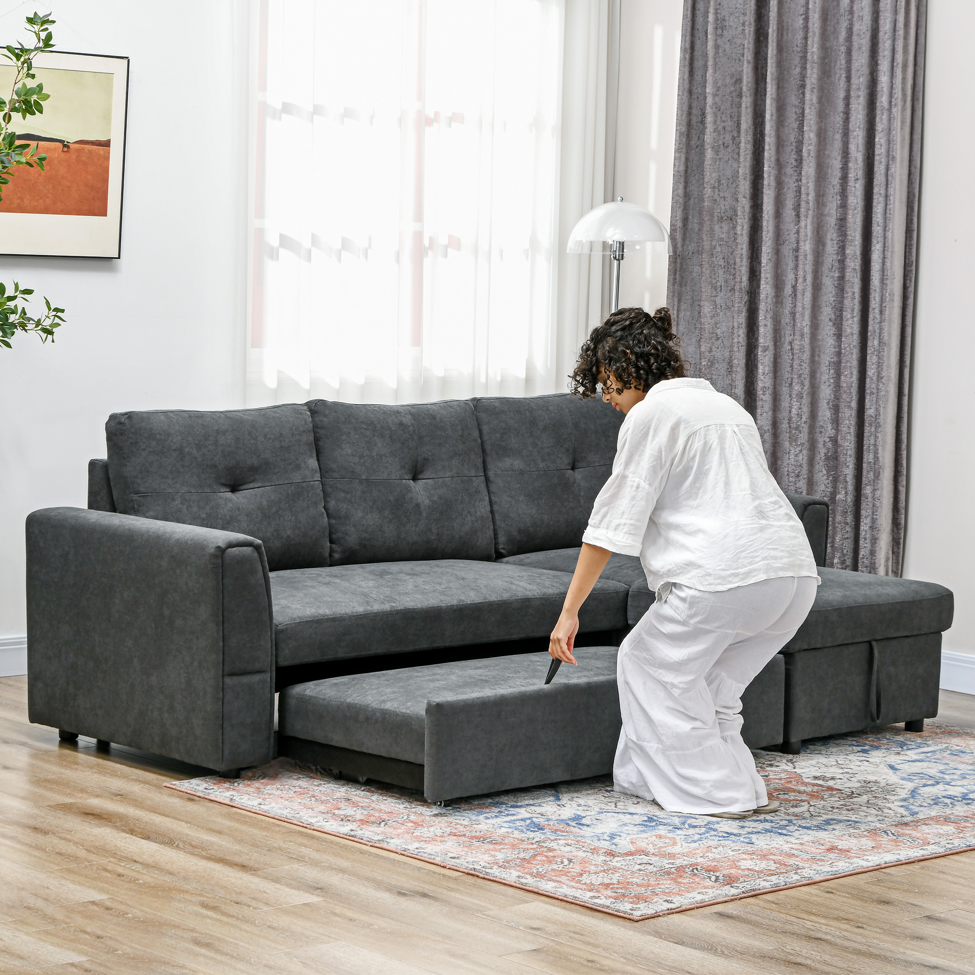 3-Sitzer-Sofa mit Bettfunktion, Schlafsofa mit Chaiselongue, Polstersofa, Dunkelgrau