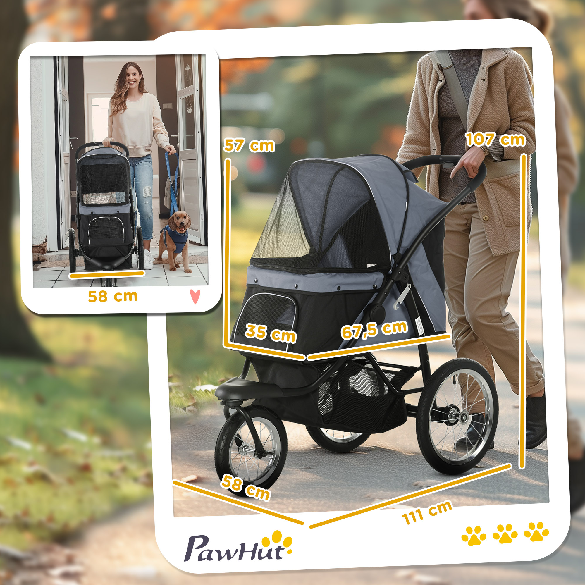 Hundewagen Hundetrolley mit Jogger-Funktion bis 20 kg Klappbar Netzfenster, Ablagekorb, Grau, 111 x 58 x 107 cm