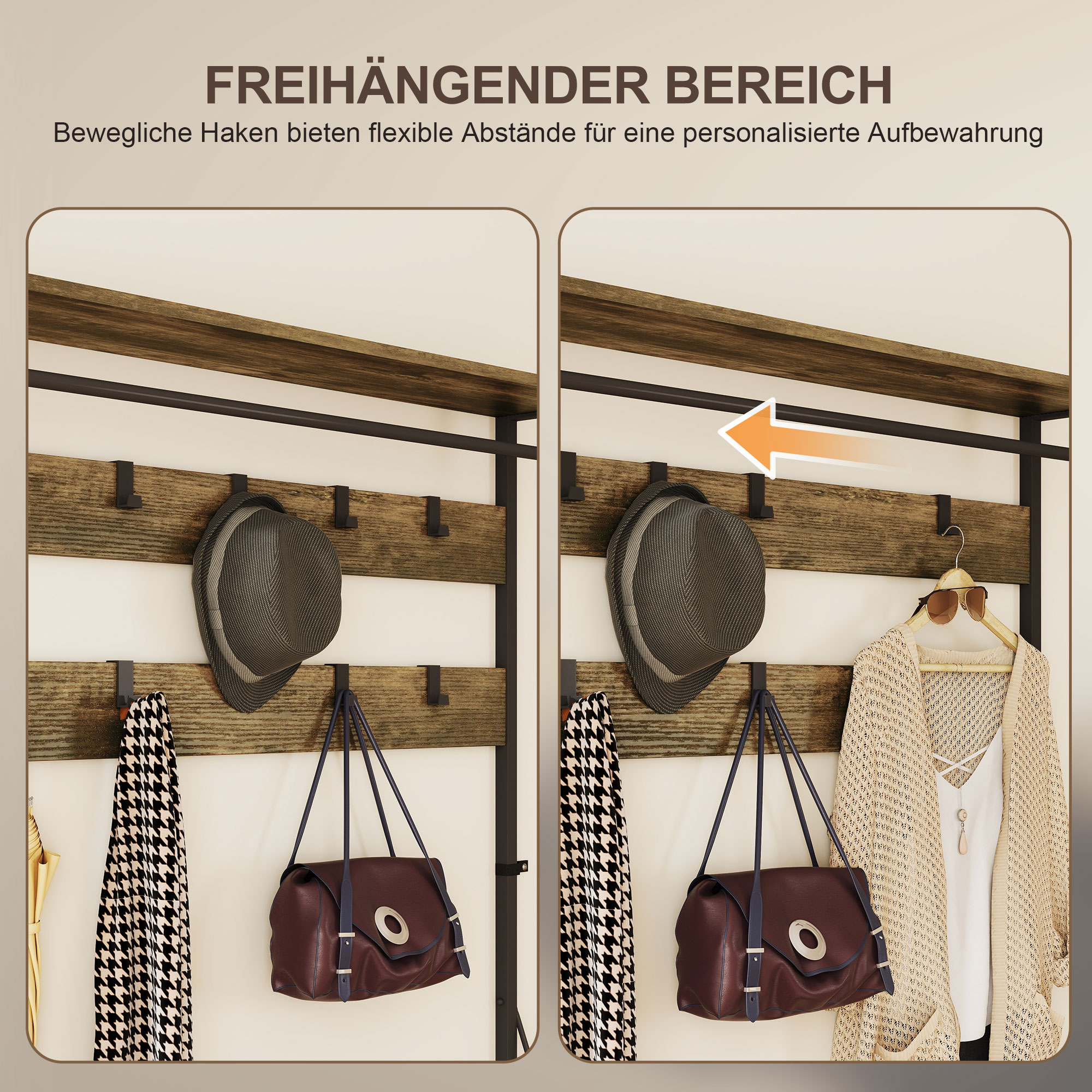 6-in-1 Garderobenständer mit Schuhregal, Industrie-Stil, 10 Haken, 2 Stoffschubladen, Metall, Braun