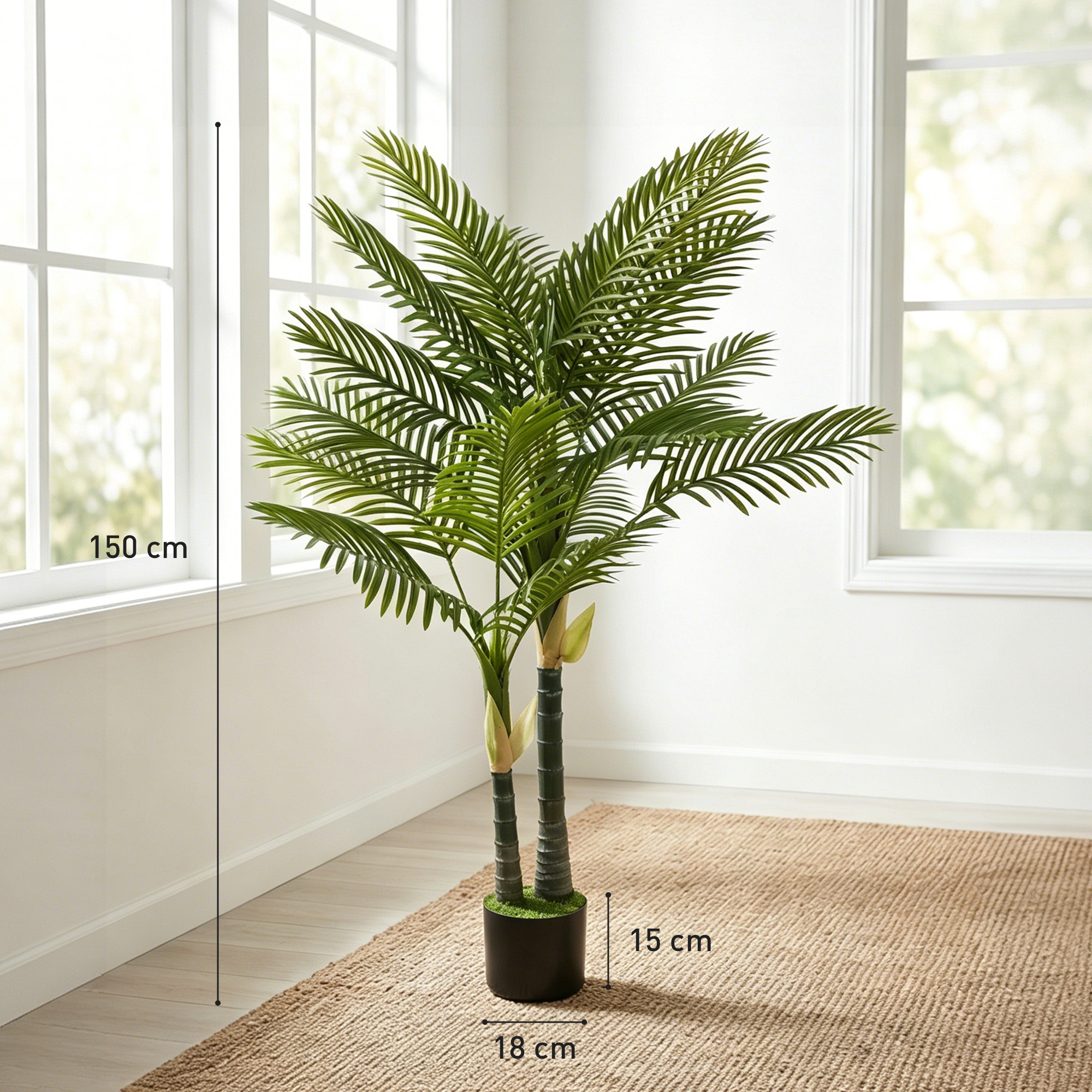 Künstliche Palme 150cm Kunstpalme mit 16 Palmenwedel Groß Kunstpflanze im Topf für Wohnzimmer Balkon Dekoration Grün