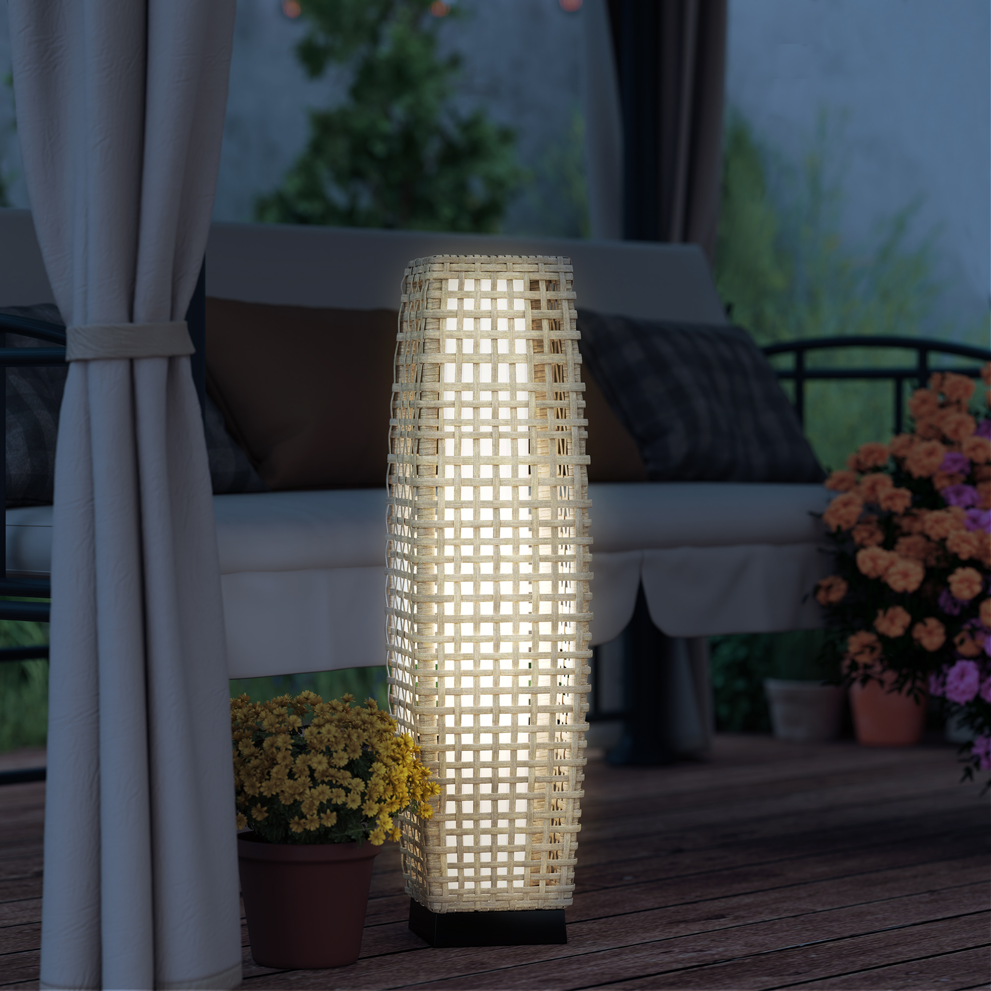 Solar Stehlampe Rattan Solarlampen mit Lichtsensor Automatische LED Solarleuchte im Boho-Stil IP44 Wasserdicht