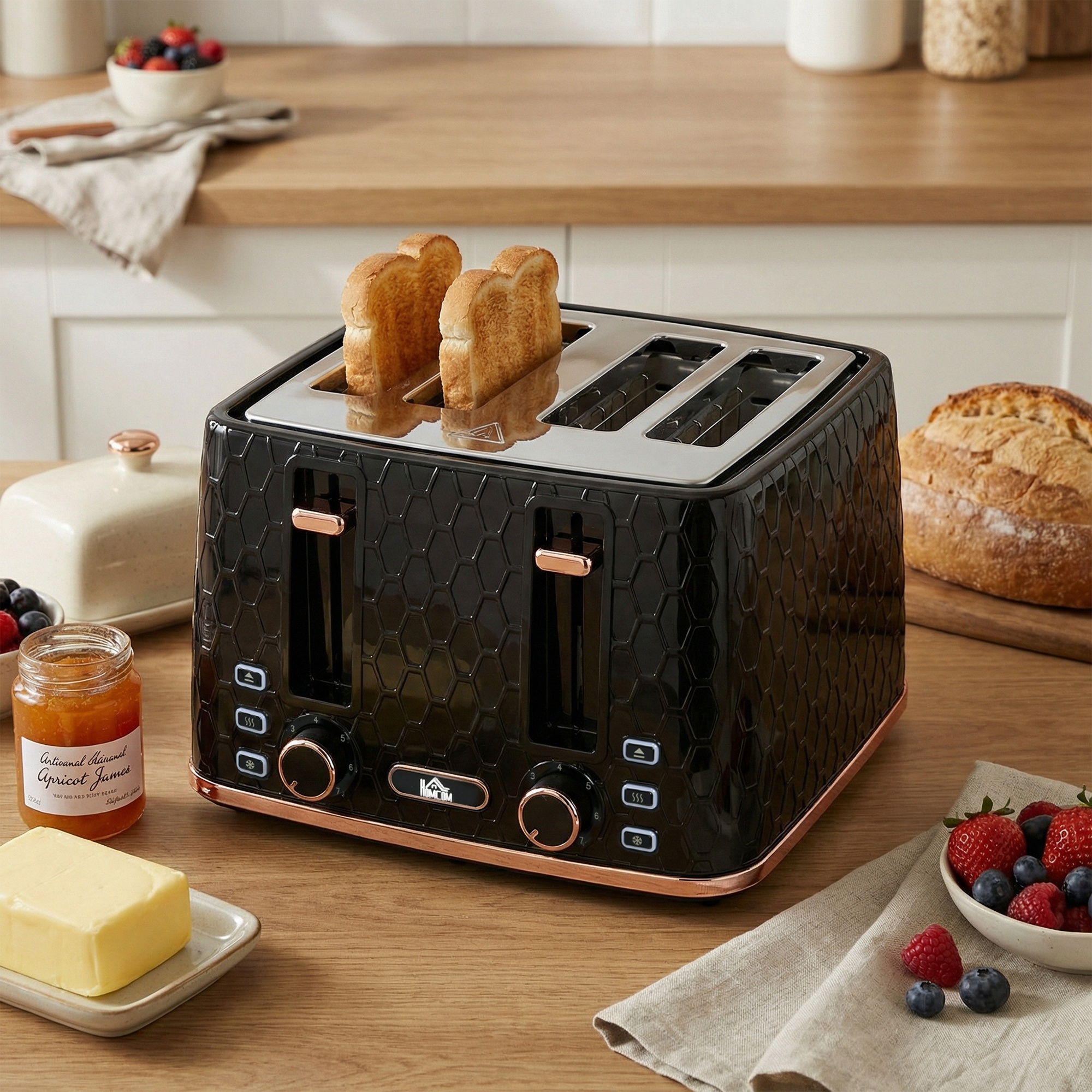 4-Scheiben-Toaster mit 7 Bräunungsstufen, High-Lift, Aufwärmen/Auftauen/Abbrechen, 1860W, Schwarz mit Wabenstruktur