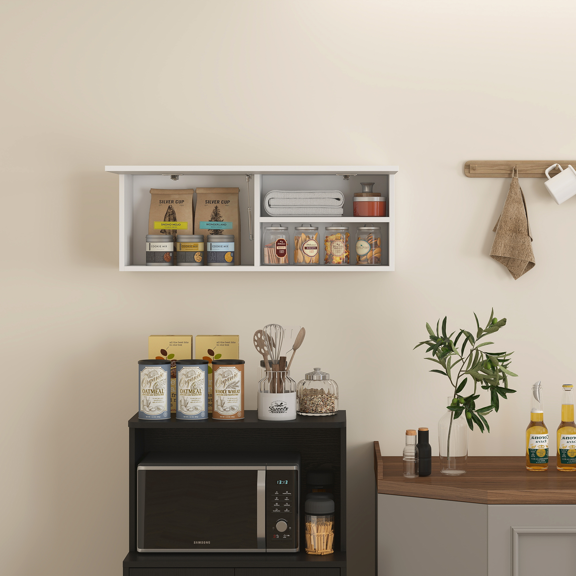 Badezimmerschrank Hängeschrank Wandschrank mit nach oben klappbarer Tür, Gasdruckfeder Einlegeboden 80 x 25 x 30 cm Weiß