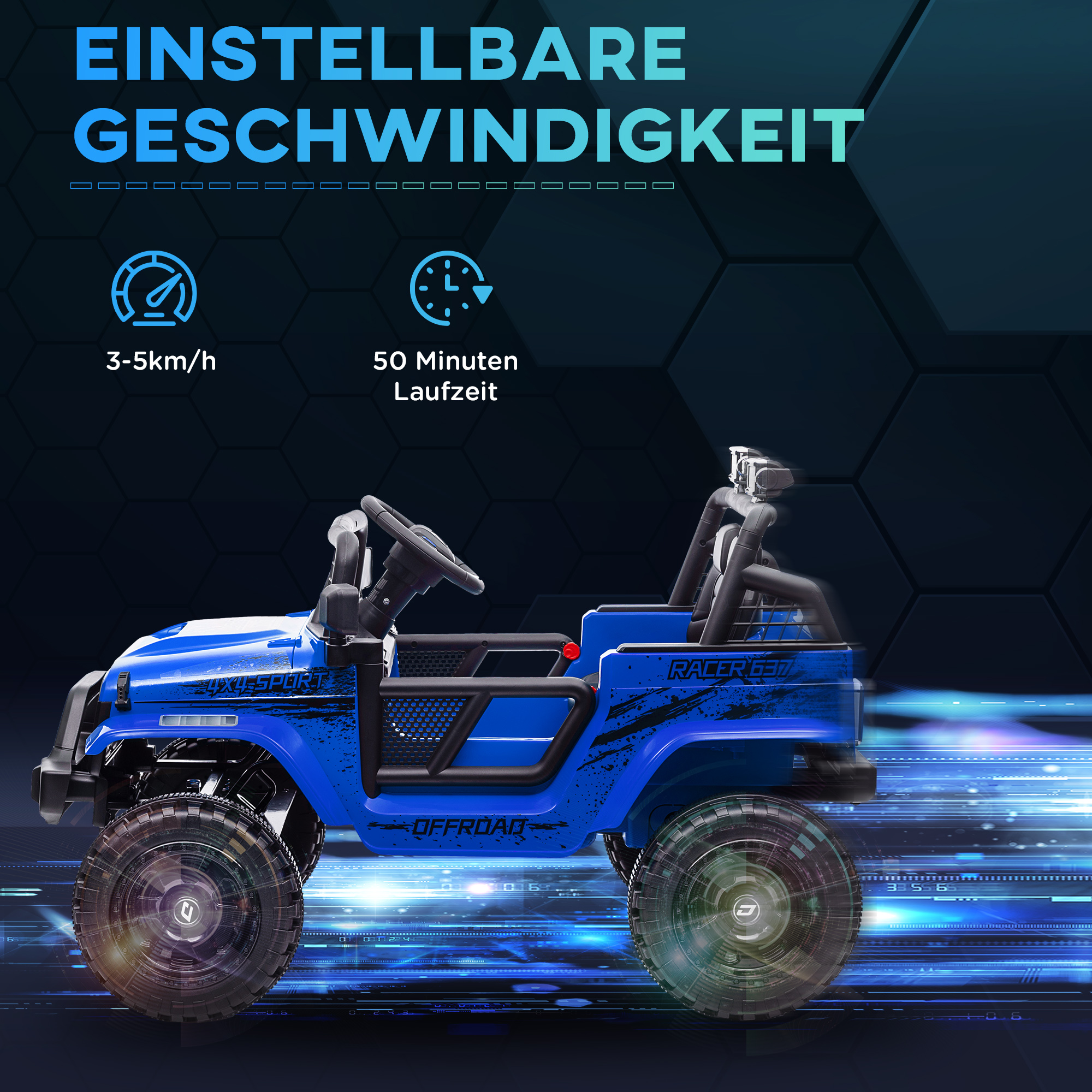 Kinder-Elektroauto mit sanfter Federung, fernsteuerbar, LED-Lichter, Hupe, 12V-Motoren, aus Kunststoff und Metall, Blau