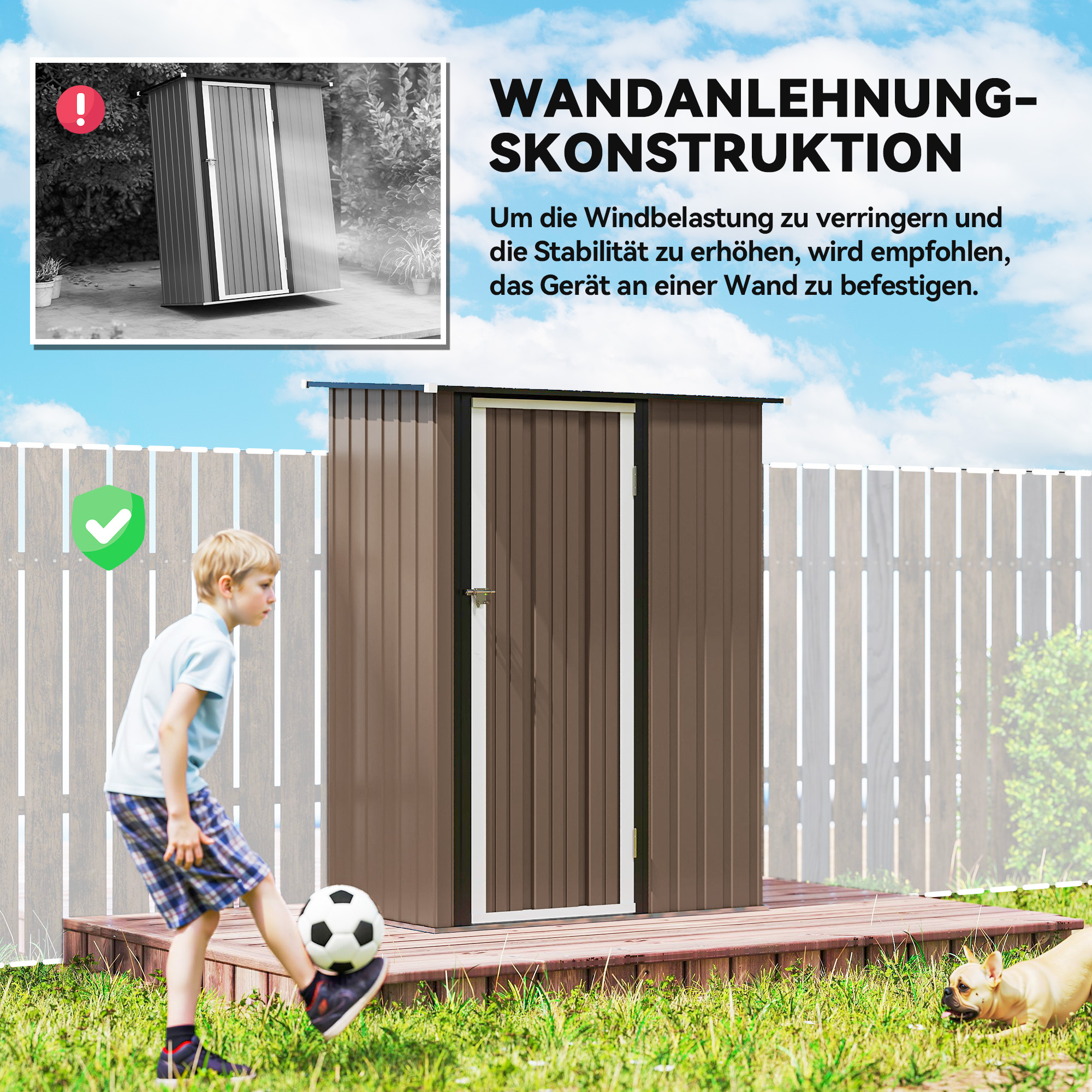 Gerätehaus 1,07 m² mit Schrägdach, 142 x 86 x 189 cm Geräteschuppen mit abschließbar Tür, Gartenhaus, Stahl, Braun