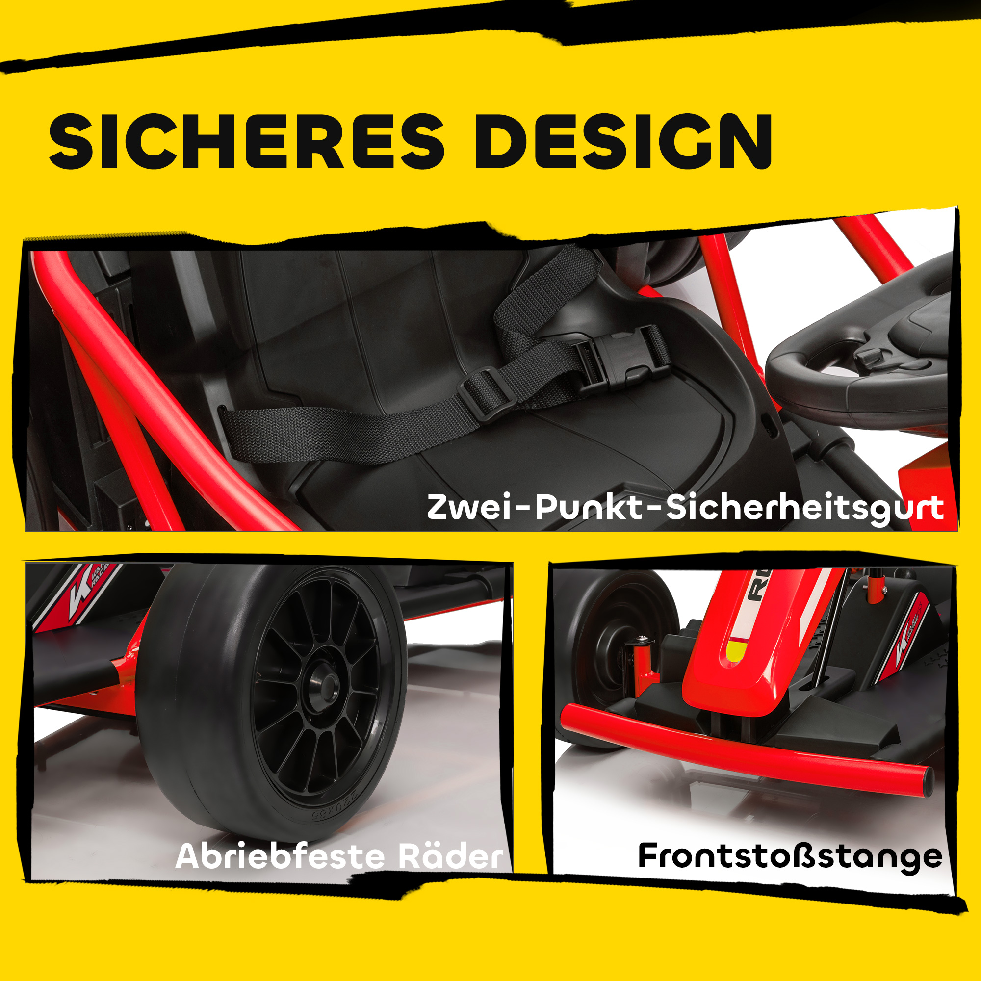 24V Elektro-Go-Kart, Nylon-Reifen, Sicherheitsgurt, Hupe, Musik für 8-12 Jahre Rot