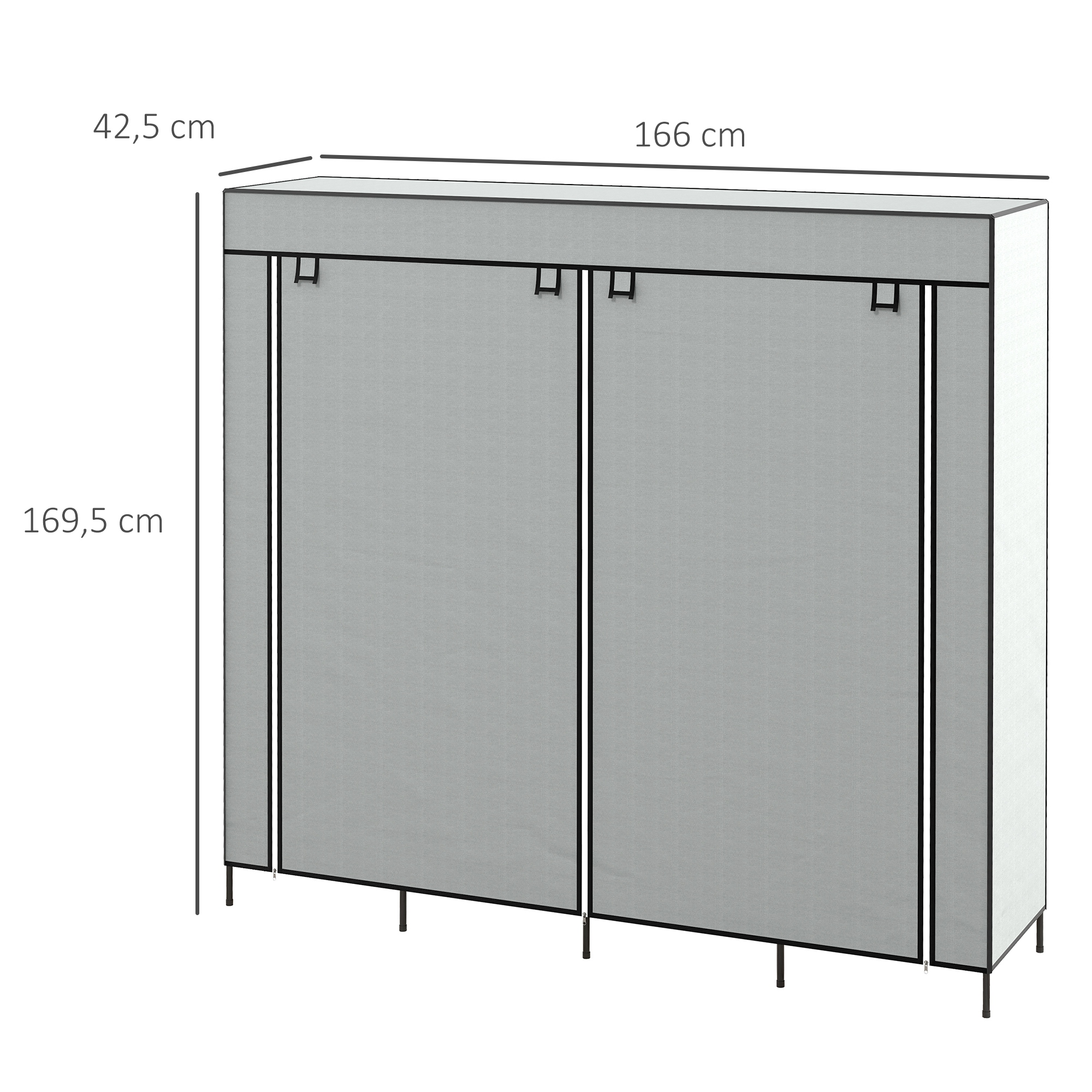 Kleiderschrank Stoffschrank, Türen, 2 Kleiderstangen, 10 Fächer, Grau