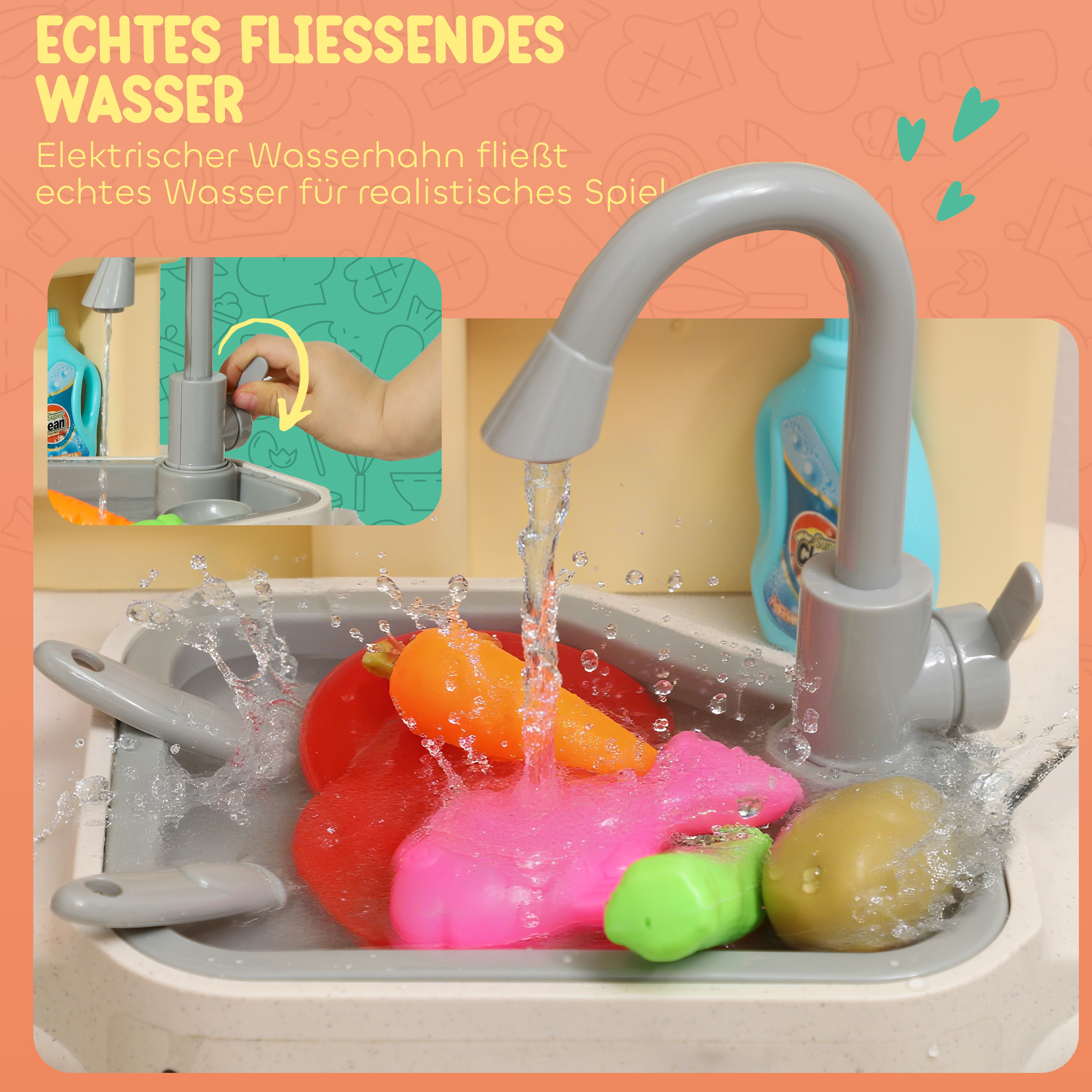Spielküche mit fließendem Wasser, 85-teiliges Zubehör, elektrischer Wasserhahn, Lichter, Geräusche, für Kinder von 3-6 Jahren, Kunststoff, Grün
