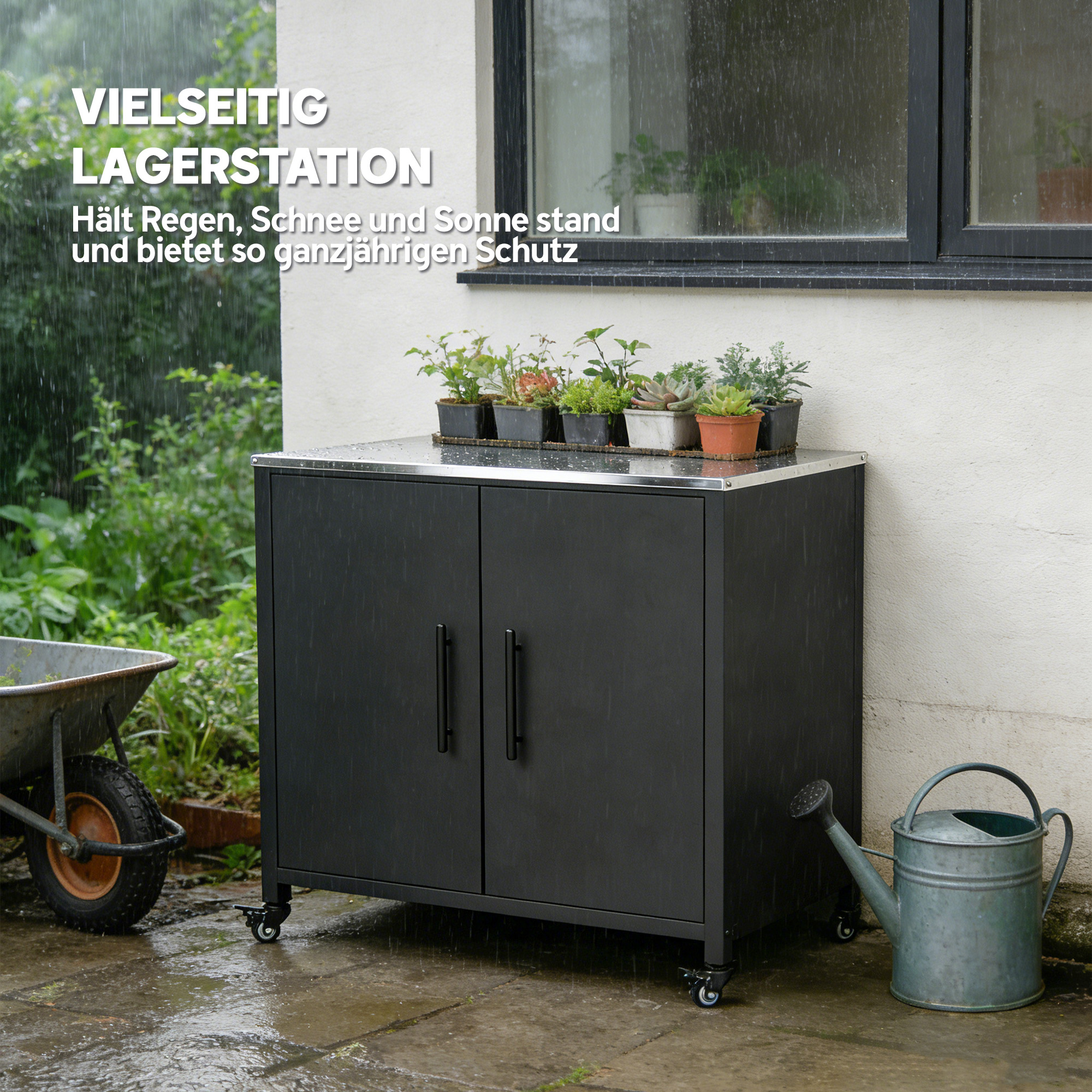 Gartenschrank mit Pflanztisch Geräteschuppen mit Edelstahl Arbeitsplatte abnehmbar Regal magnetisch Doppeltür Rolle