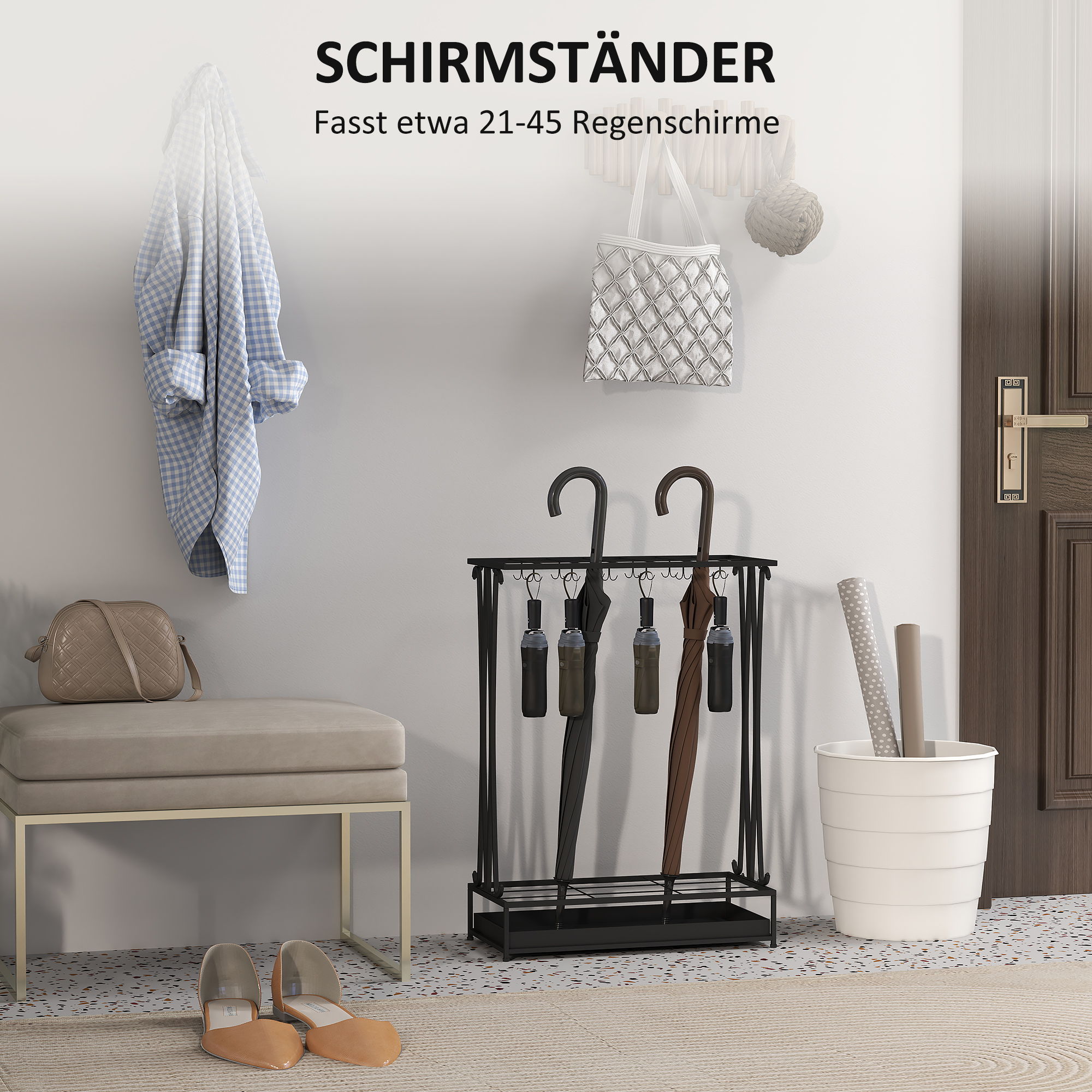 Schirmständer mit herausnehmbarer Tropfwasserschale, Regenschirmständer mit 21 Öffnungen und 24 Haken, Stahl, Schwarz