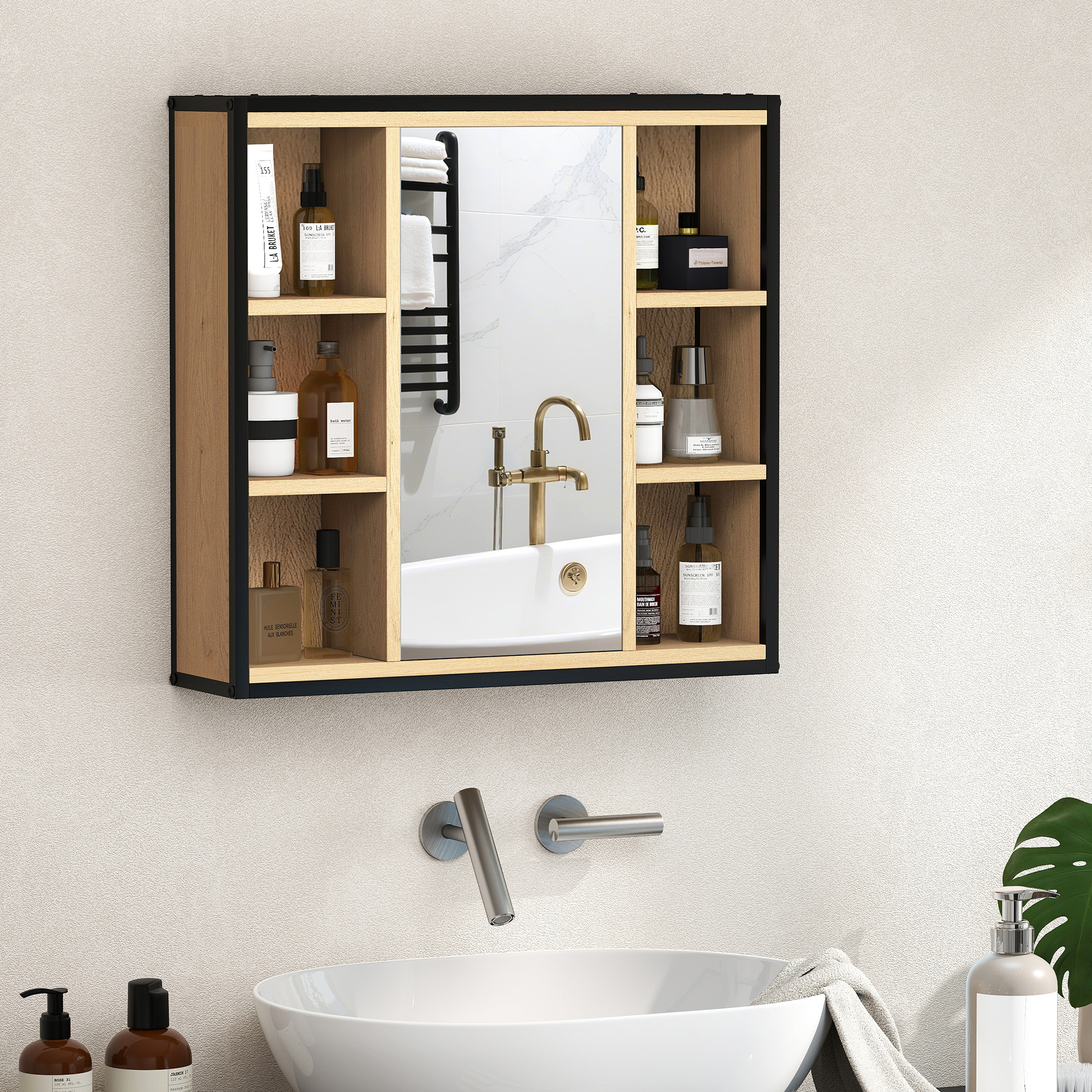 Badezimmer-Spiegelschrank, 6 offene Fächer, 3-stufiges Regal, Wandmontage, Eiche