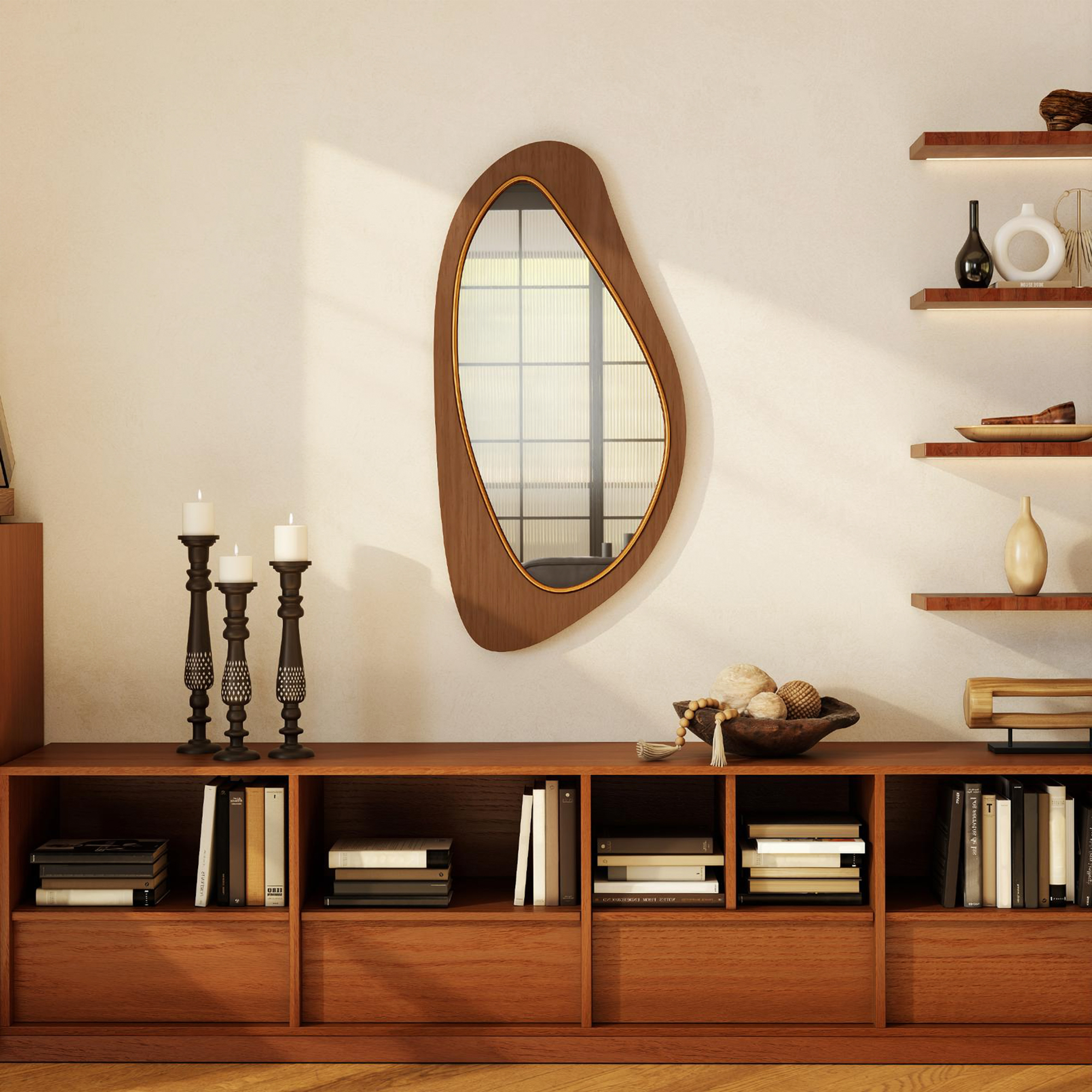 Wandspiegel Fenster Spiegel mit Kieferfurnierrahmen für Schlafzimmer Wohnzimmmer, 91,5 x 45 x 3 cm, Naturholz