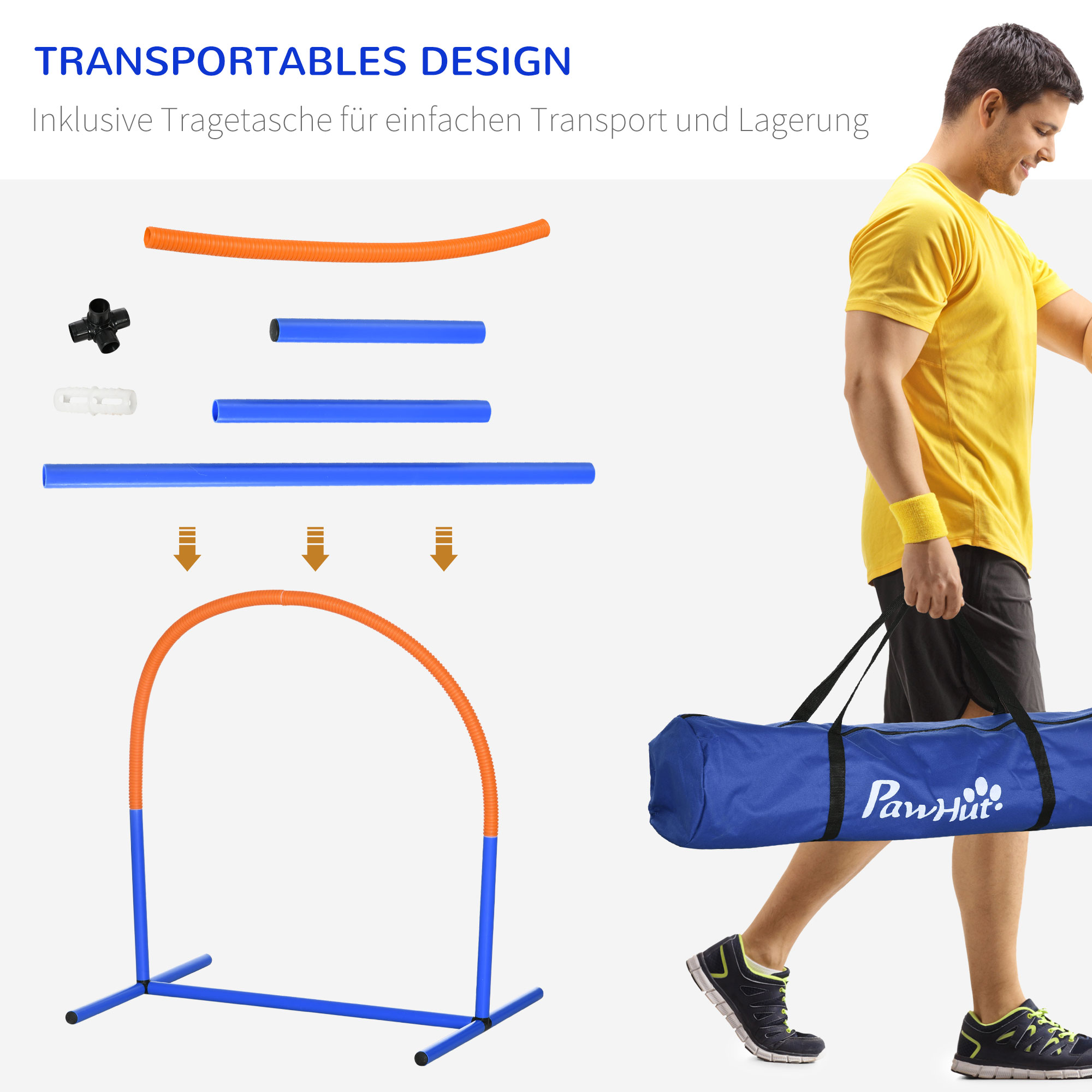 Agility-Set für Hunde, Hundetraining, 4 Bögen, für Einsteiger, mit Tragetasche, blau+orange, 88 x 64 x 95cm