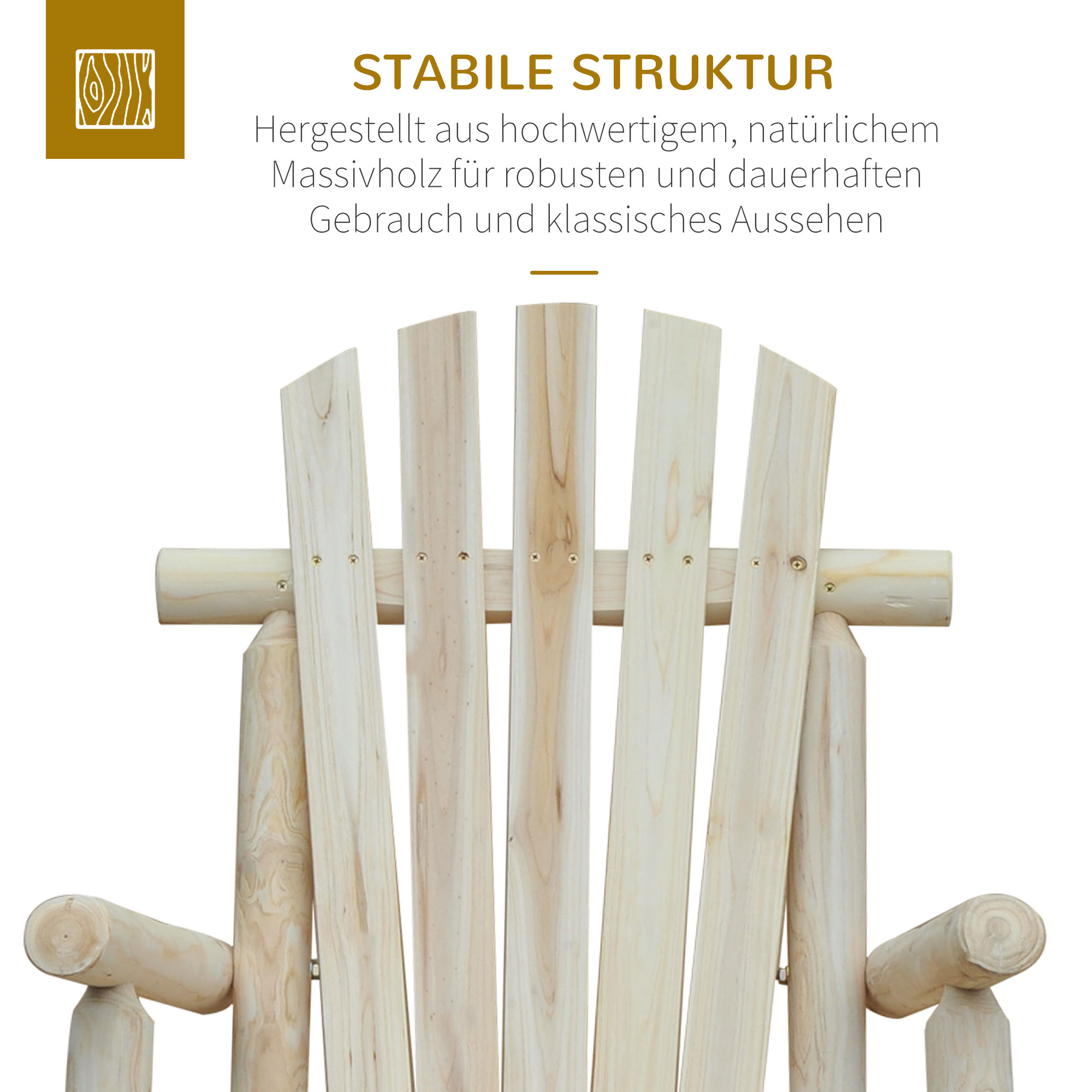 Schaukelstuhl aus Holz Schaukelsessel mit hoher Rückenlehne wetterfest Gartenstuhl bis 113kg belastbar Relaxstuhl für Wohnzimmer Garten, Rasen, Balkon Natur