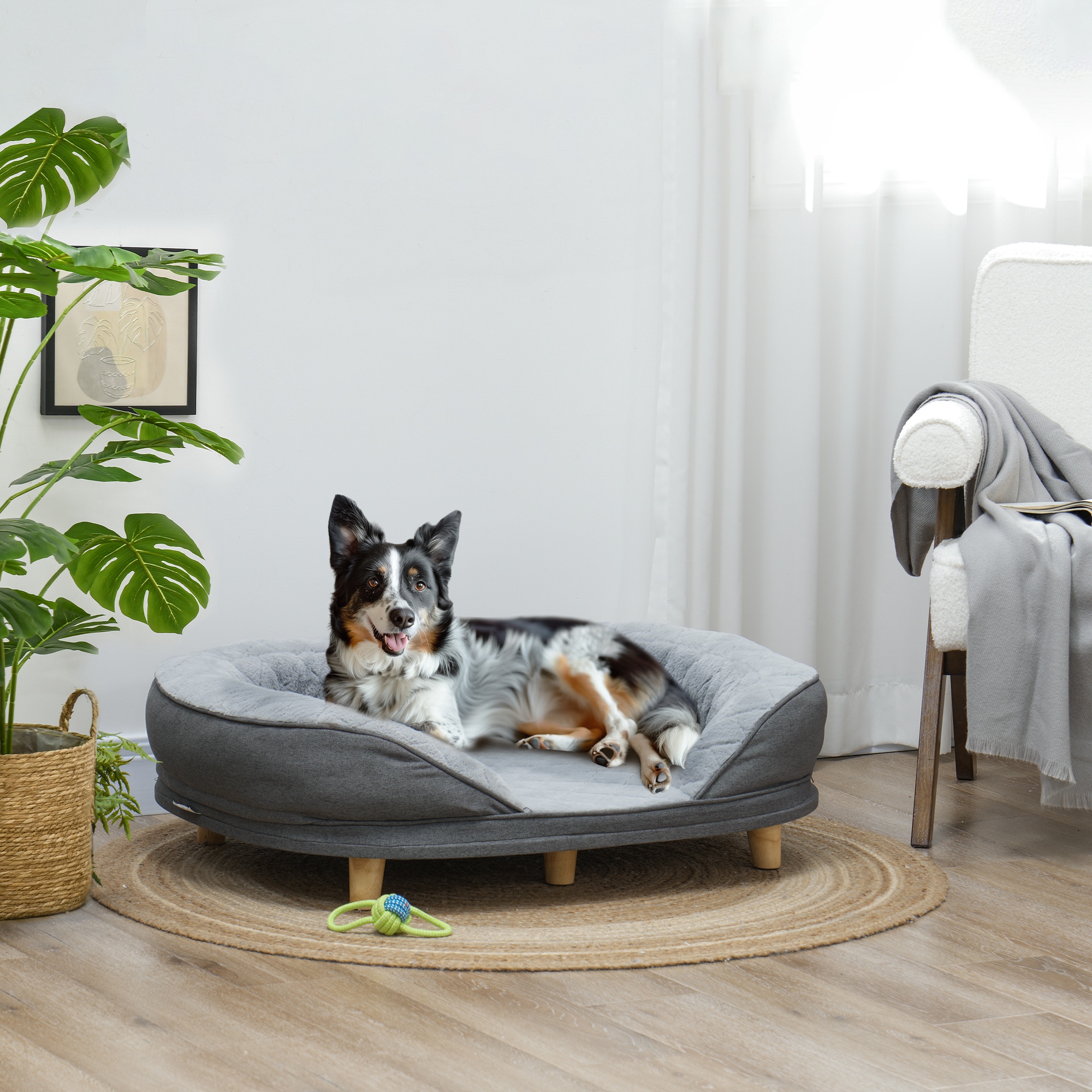 Hundebett für Hunde bis 25 kg, abnehmbarer Bezug, rutschfeste Füße, 90 x 78 x 25 cm, Grau