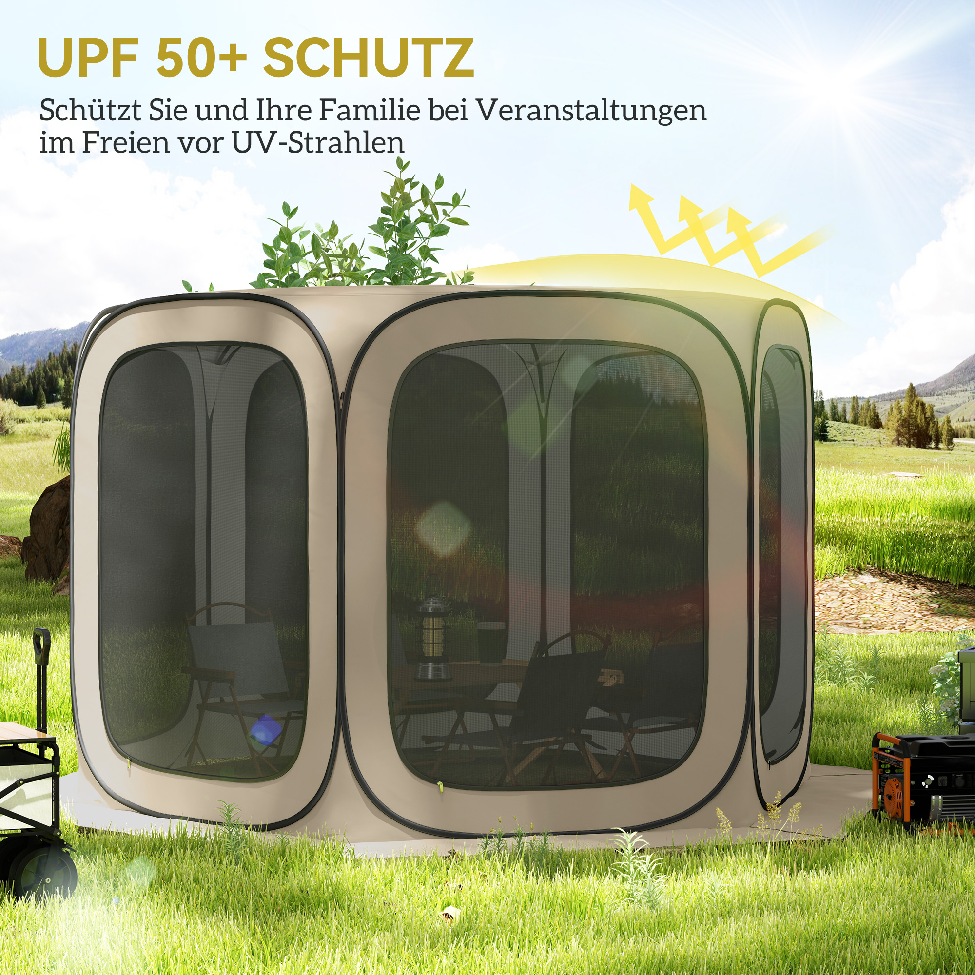 Pop-up-Campingzelt, tragbar, UPF50+ Schutz, Netz-Seiten, Stahldraht, Khaki
