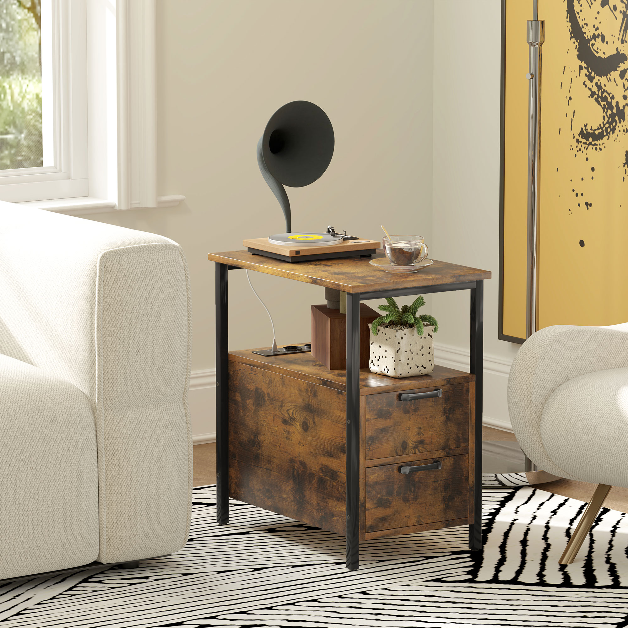 Beistelltisch mit Aufladestation, USB-Anschlüssen, Steckdosen, 2 Schubladen und Regal für Wohnzimmer, Schlafzimmer