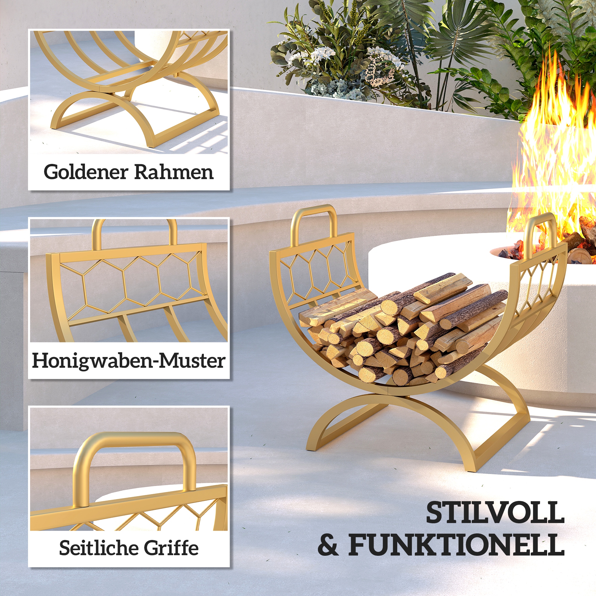 Kaminholzregal für innen 46 x 36 x 41cm Brennholzregal für Kamin Ofen Metall Gold