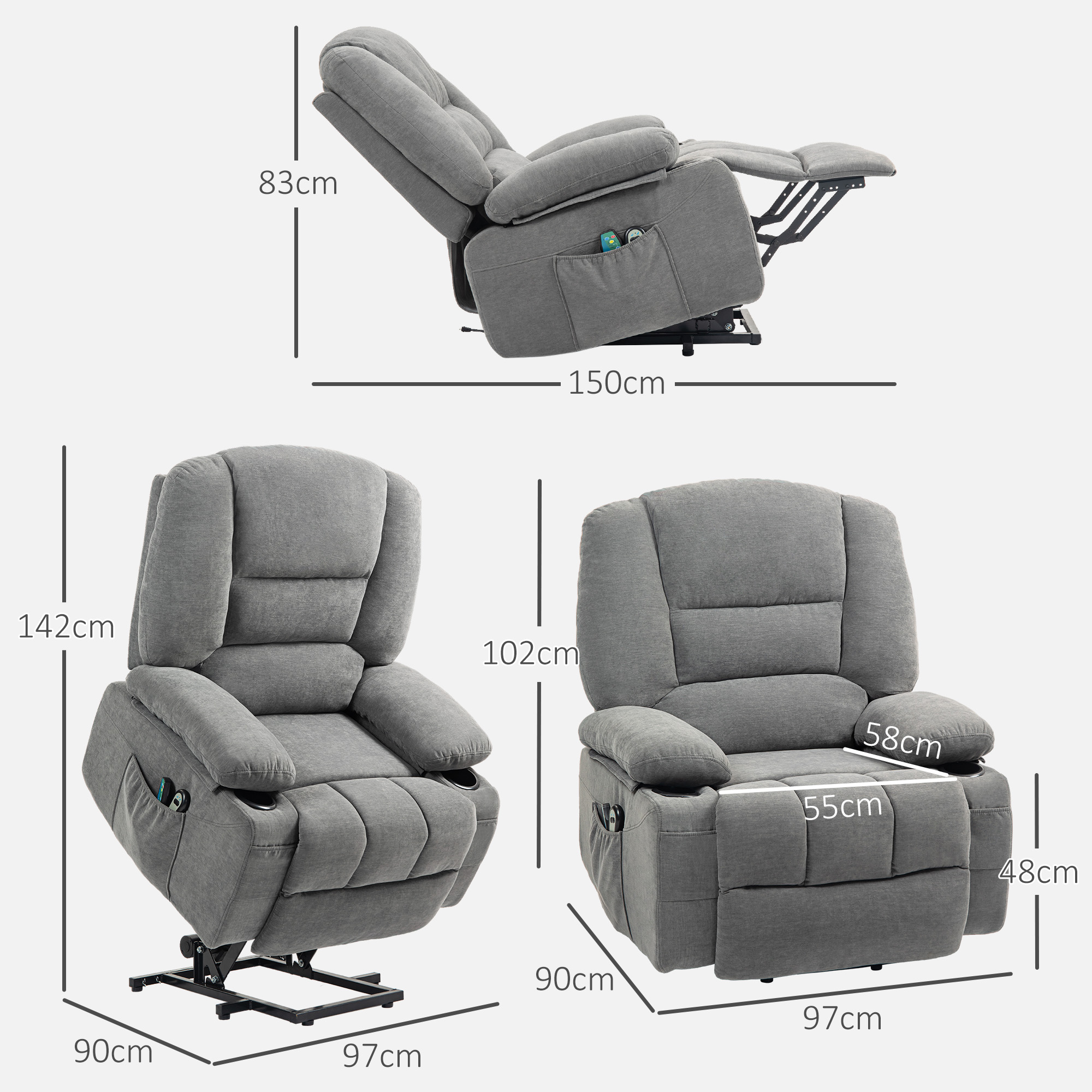 Relaxsessel mit Aufstehhilfe, Massagesessel mit Wärmefunktionen, 2 Fernbedienungen, weicher Schaumstoff