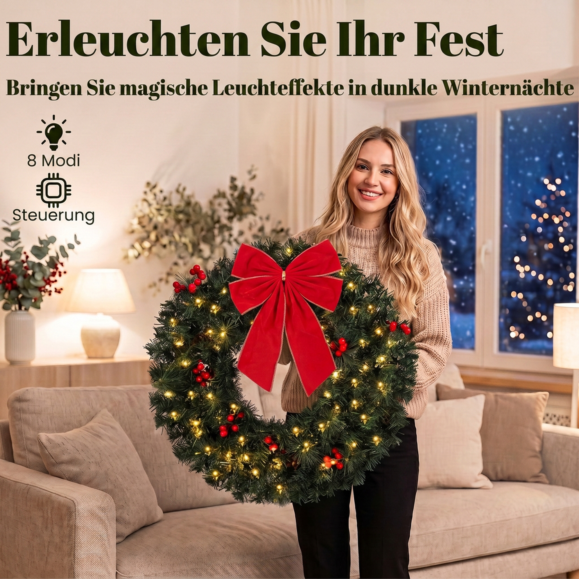 Weihnachtskranz 60 cm Türkranz mit Crestwood-Fichten Design, Schleife, 50 LEDs, 140 Zweigspitzen, 8 Leuchtmodi