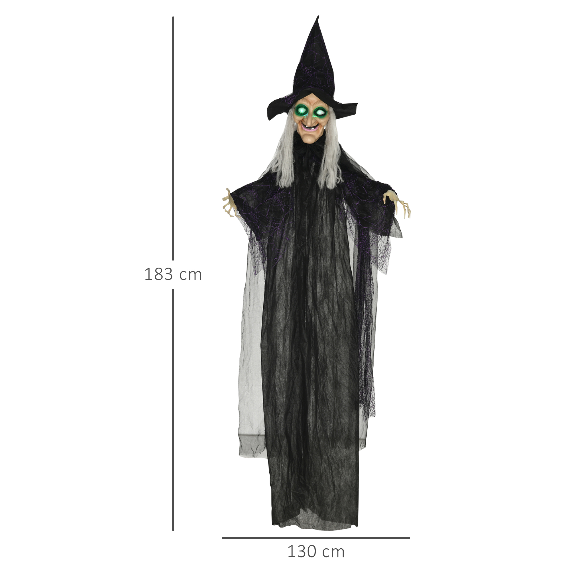 Halloween-Hexe, Halloween-Dekoration, Soundfunktion, mit Bewegungssensor, LED-Lichter, 130 cm x 18 cm x 183 cm