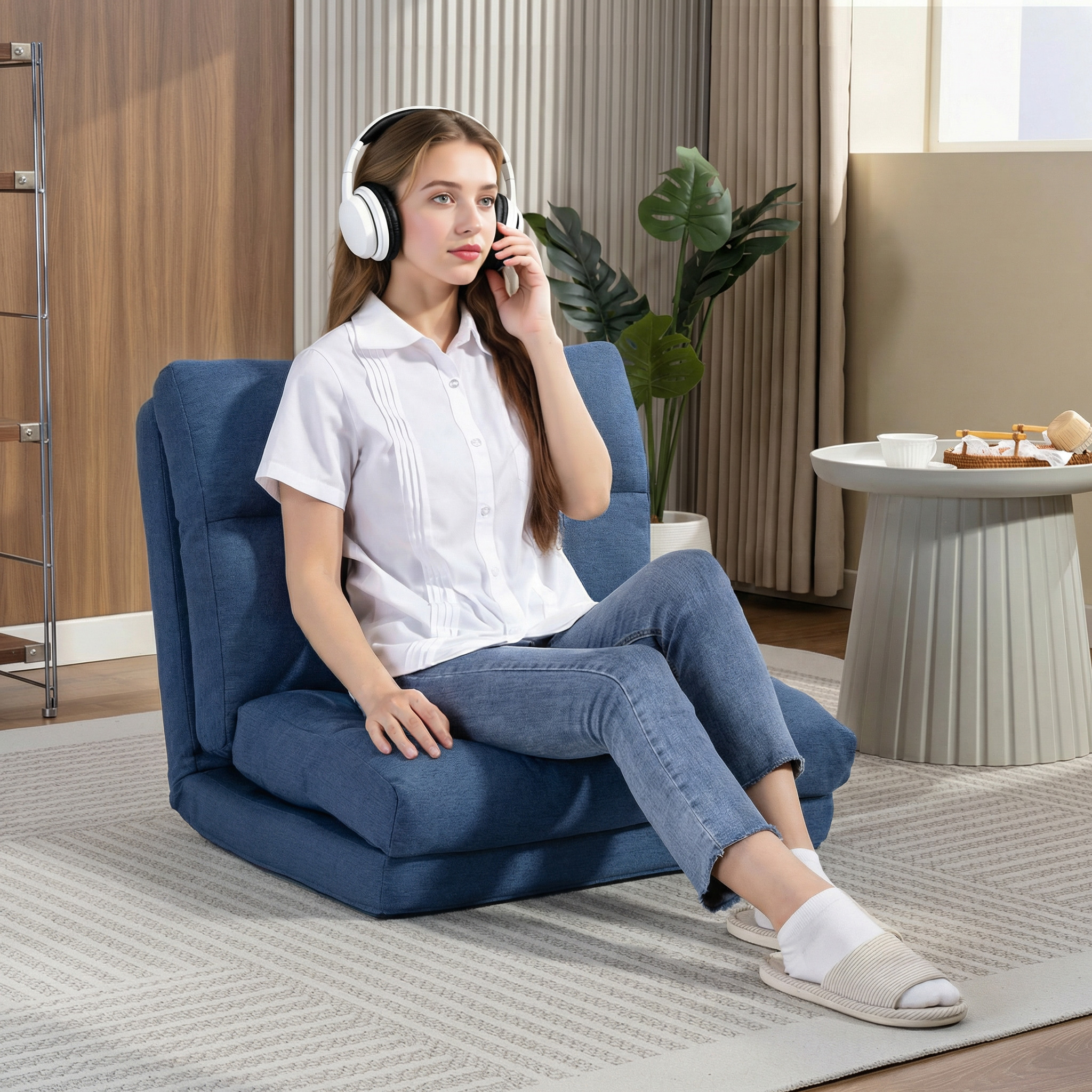Sitzsack mit Bettfunktion, neigbare Lehne, klappbar, bis 120kg, 70 x 72 x 56 cm, Dunkelblau
