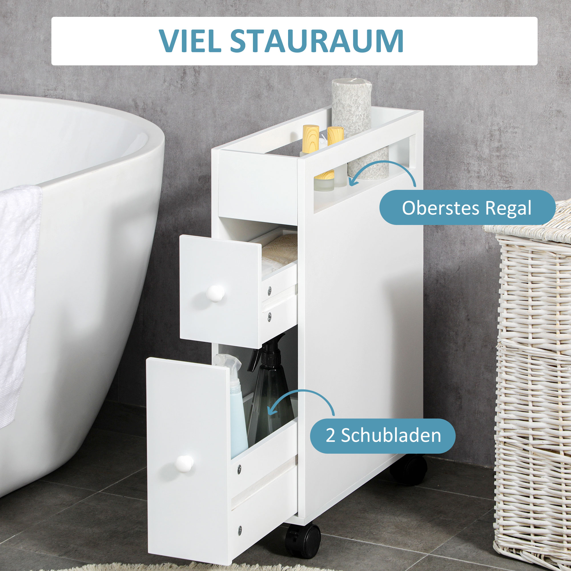 Nischenwagen Badschrank Rollschrank, schmales Design, zwei Schubladen, vier Räder, weiß, 16 x 49,5 x 66 cm