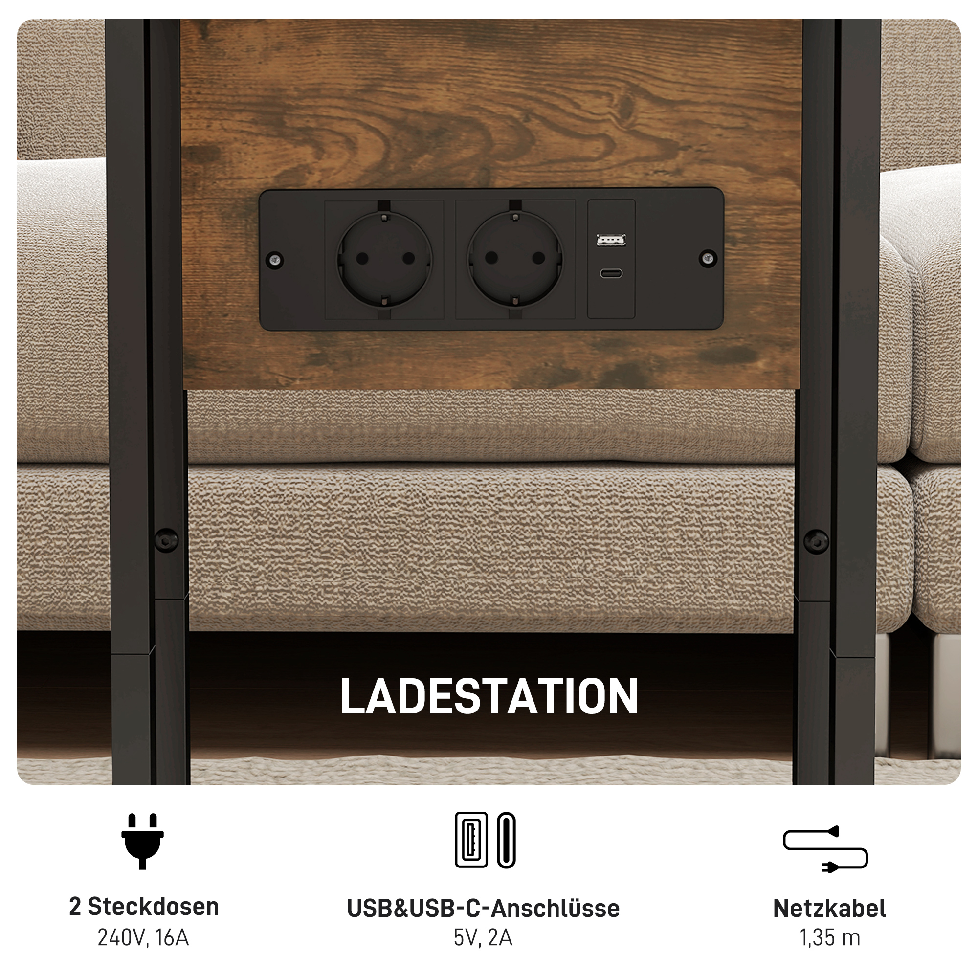 Klappbarer Beistelltisch, Ladestation mit USB-Ports, Metall, 39 x 29 x 57 cm, Braun