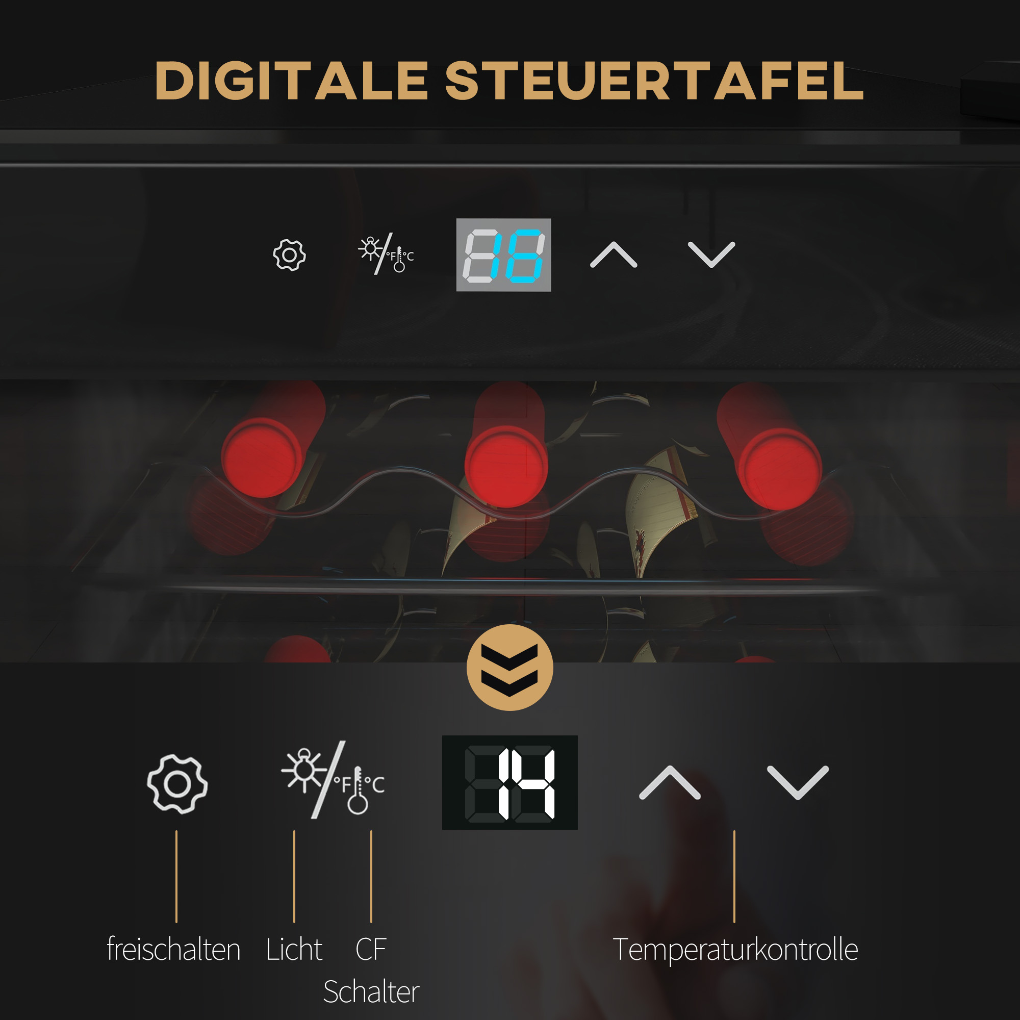 Weinkühlschrank, leise, 5-18°C, Touchscreen, Beleuchtung, 34,5x45x78cm, Schwarz