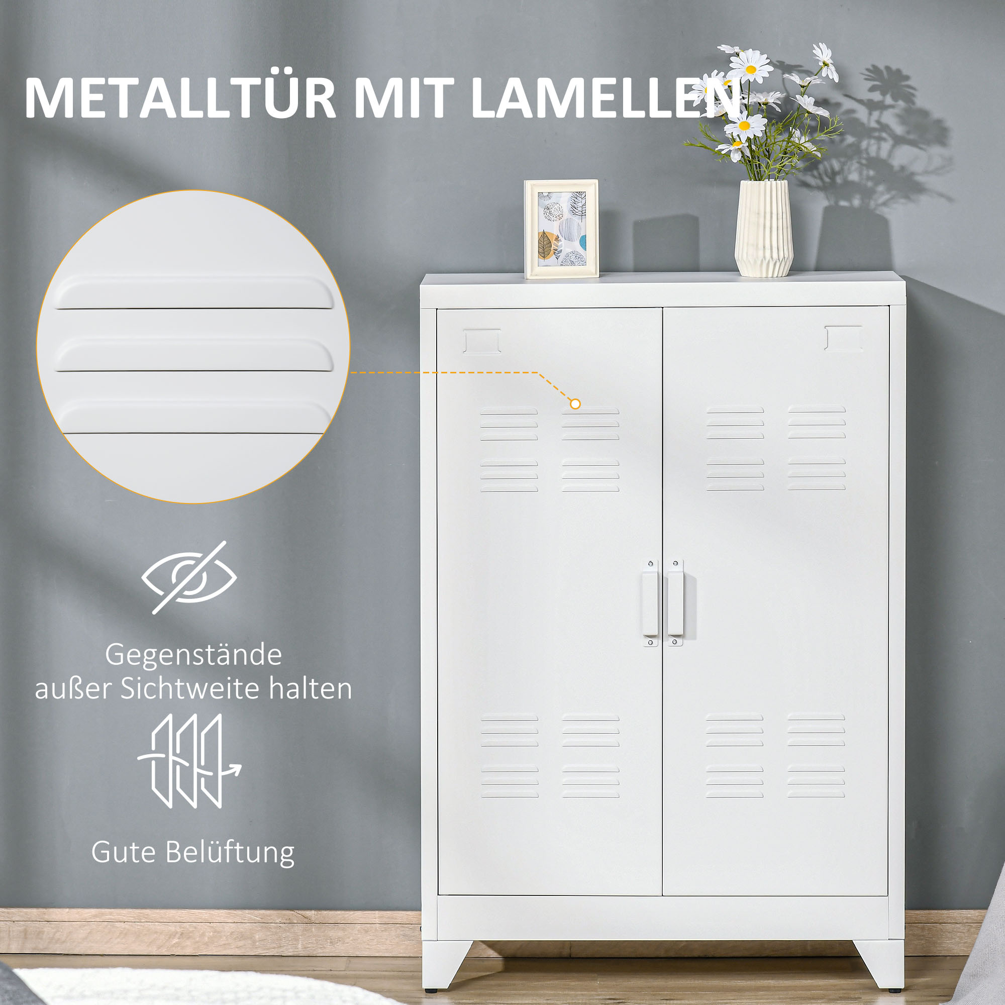 Aktenschrank Metallschrank Mehrzweckschrank mit magnetischer Lamellen-Doppeltür 75 x 33 x 110 cm Weiß