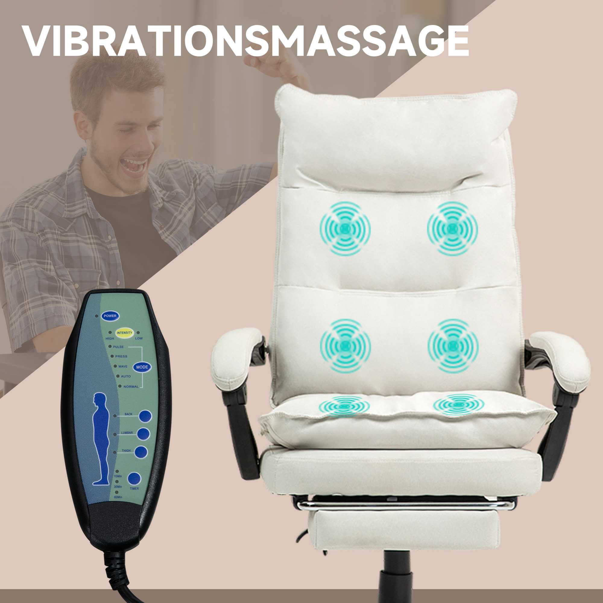 Massage-Bürostuhl, Schreibtischsessel mit Massagefunktion, höhenverstellbarer, ergonomischer Drehstuhl, Nylon, Cremeweiß