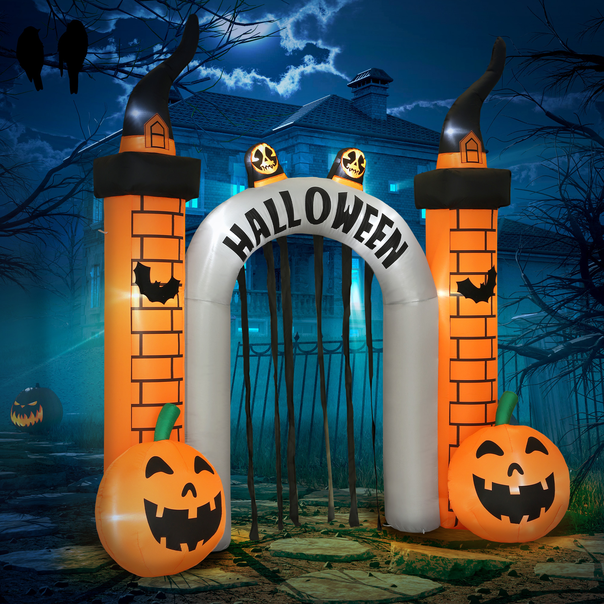 Aufblasbarer Halloween-Torbogen, Kürbis-Design, LEDs, Heringe, Polyester Aufblasbarer Halloween-Torbogen, Kürbis-Design, LEDs, Heringe, Polyester