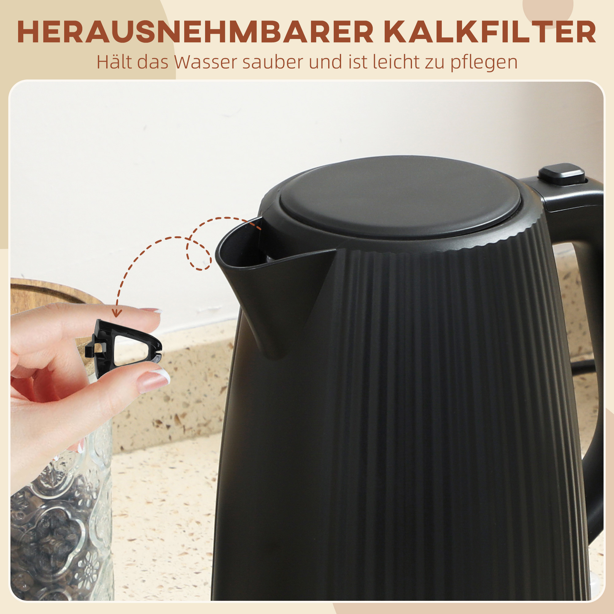 Elektrischer Wasserkocher, 1,7L, Schnellkochfunktion, 2200W, mit herausnehmbarem Kalkfilter, Abschaltautomatik, Schwarz