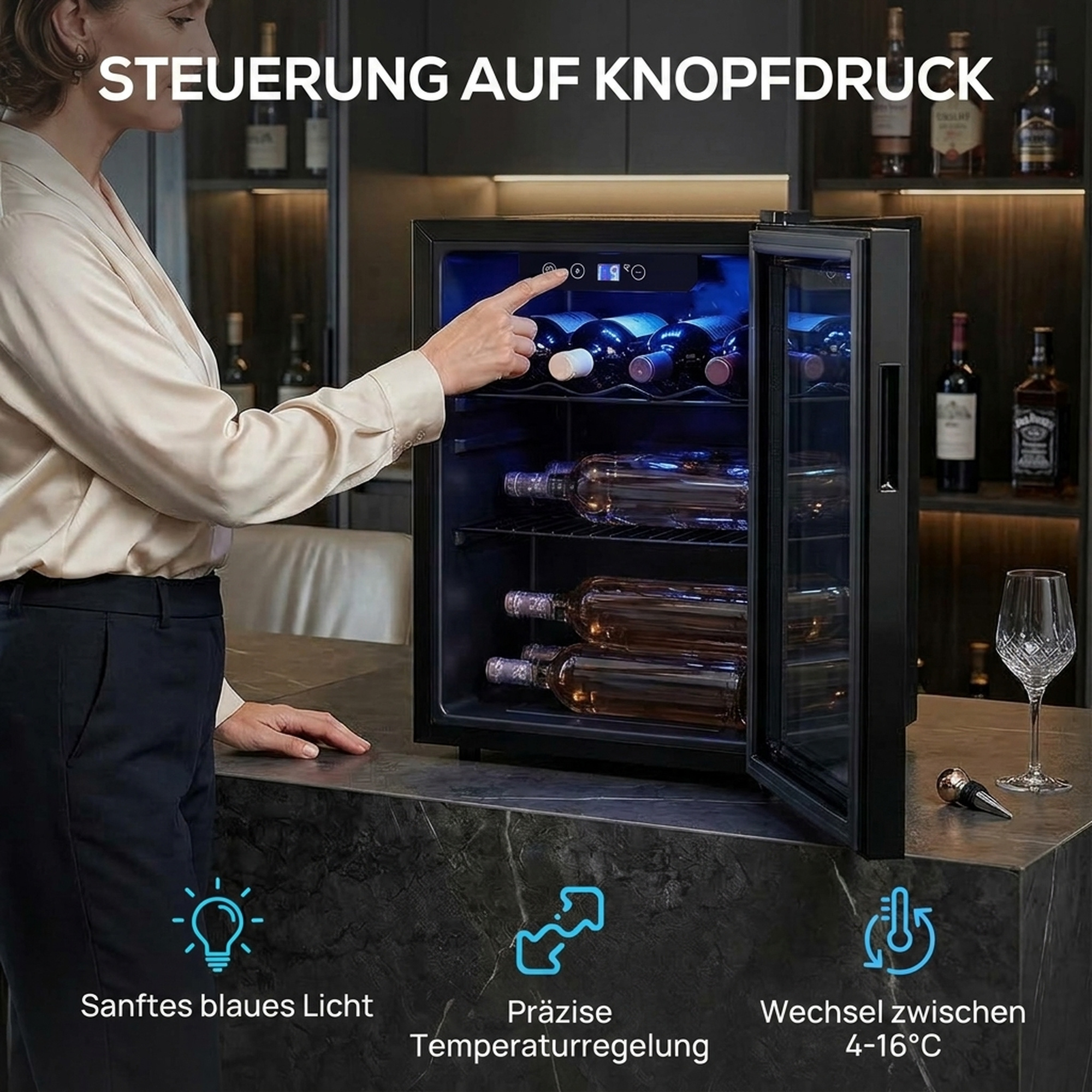 Weinkühler für 16 Flaschen, 48 L Kapazität, 4–16°C, Unterbau Kühlschrank für Getränke und Bier, mit Glastür, LED-Licht