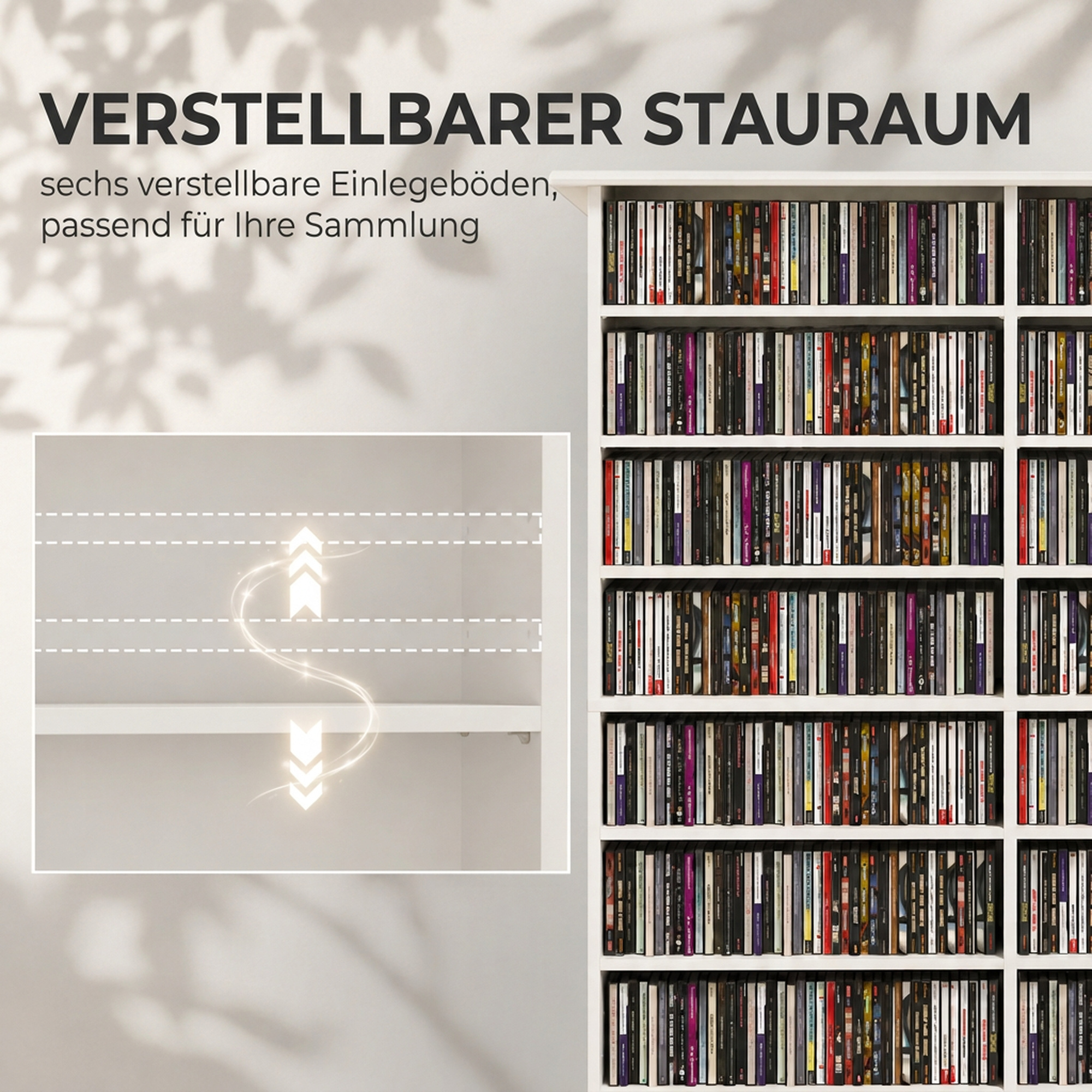 Medienregal, 8 Ebenen, DVD-Regal mit 12 verstellbaren Böden, 16 Fächer, für 720 CDs, Weiß