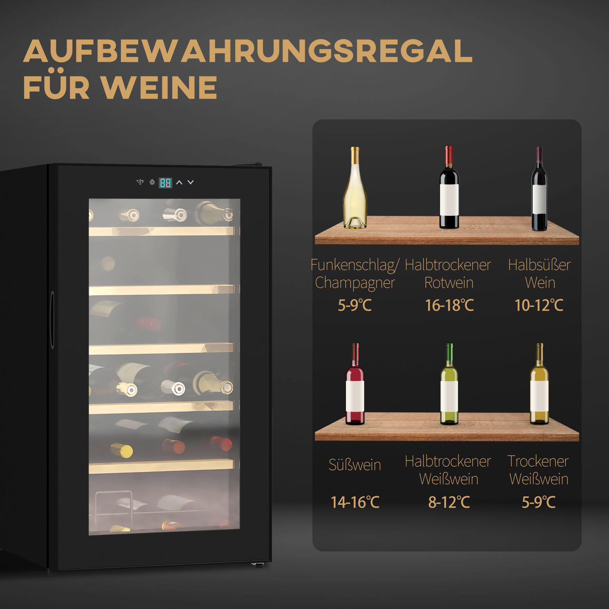 Weinkühlschrank klein Wohnzimmer für 24 Flaschen, einstellbare Temperatur 5 bis 20° C, LED-Beleuchtung, schwarz, 43 x 45 x 75 cm