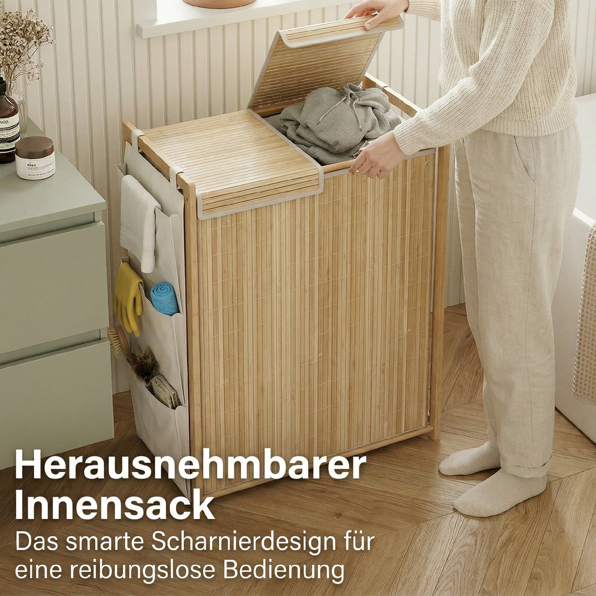 Bambus-Wäschekorb mit abnehmbarem Kordelzug-Sack und seitlichen Aufbewahrungstaschen, 120L, Natur
